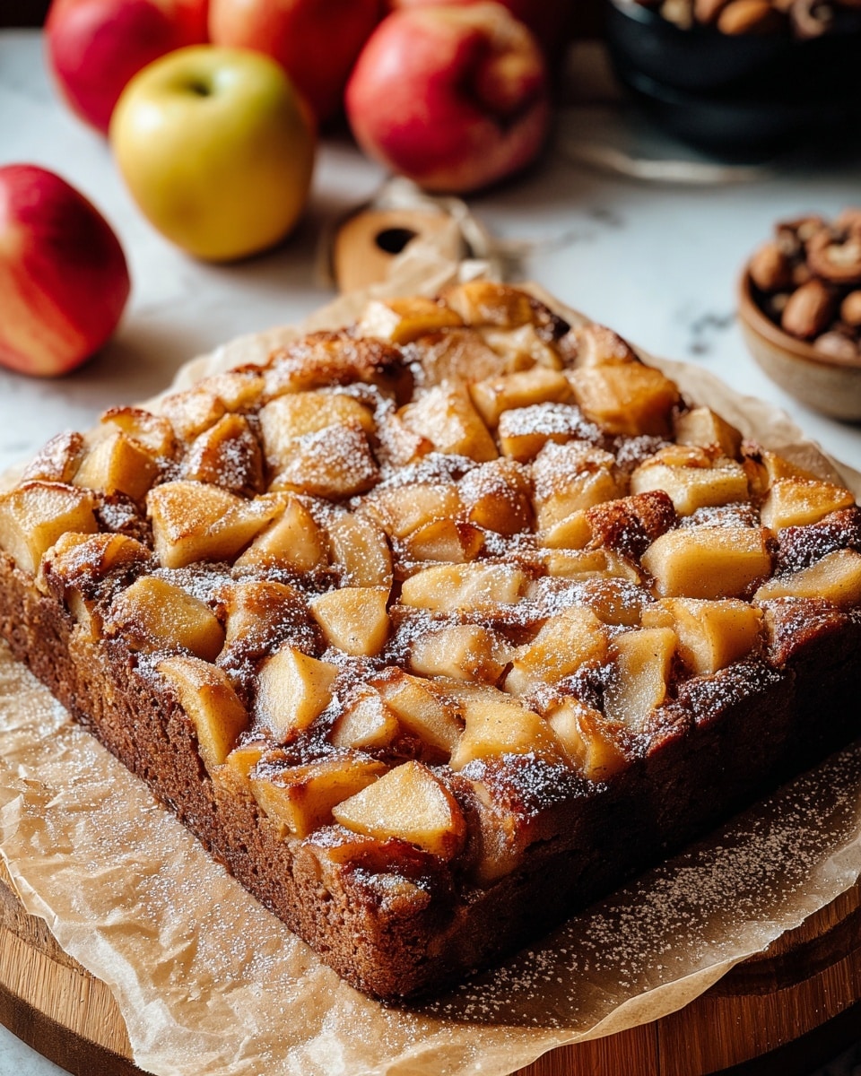 The image shows a square-shaped apple cake resting on parchment paper over a wooden board, with a white marbled cloth underneath. The cake has two visible layers: the bottom layer is a soft, golden brown sponge cake, and the top layer consists of many caramelized apple slices arranged irregularly, giving a bumpy texture. The apple pieces vary in size and have a mix of golden brown and light cream colors. The top is lightly dusted with powdered sugar, adding a slight white contrast. Around the cake, there are whole red and yellow apples and a small bowl of brown sugar, all placed on a white marbled textured surface. photo taken with an iphone --ar 4:5 --v 7