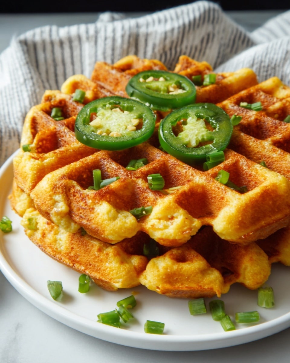 A golden brown waffle sits on a white plate with a white marbled surface underneath. The waffle has a thick, crispy texture with a grid pattern, and it is topped with sliced green jalapeños and chopped green onions, adding fresh green color and a bit of texture contrast. Around the plate, there are some scattered bits of green onions. The scene looks bright and inviting. photo taken with an iphone --ar 4:5 --v 7