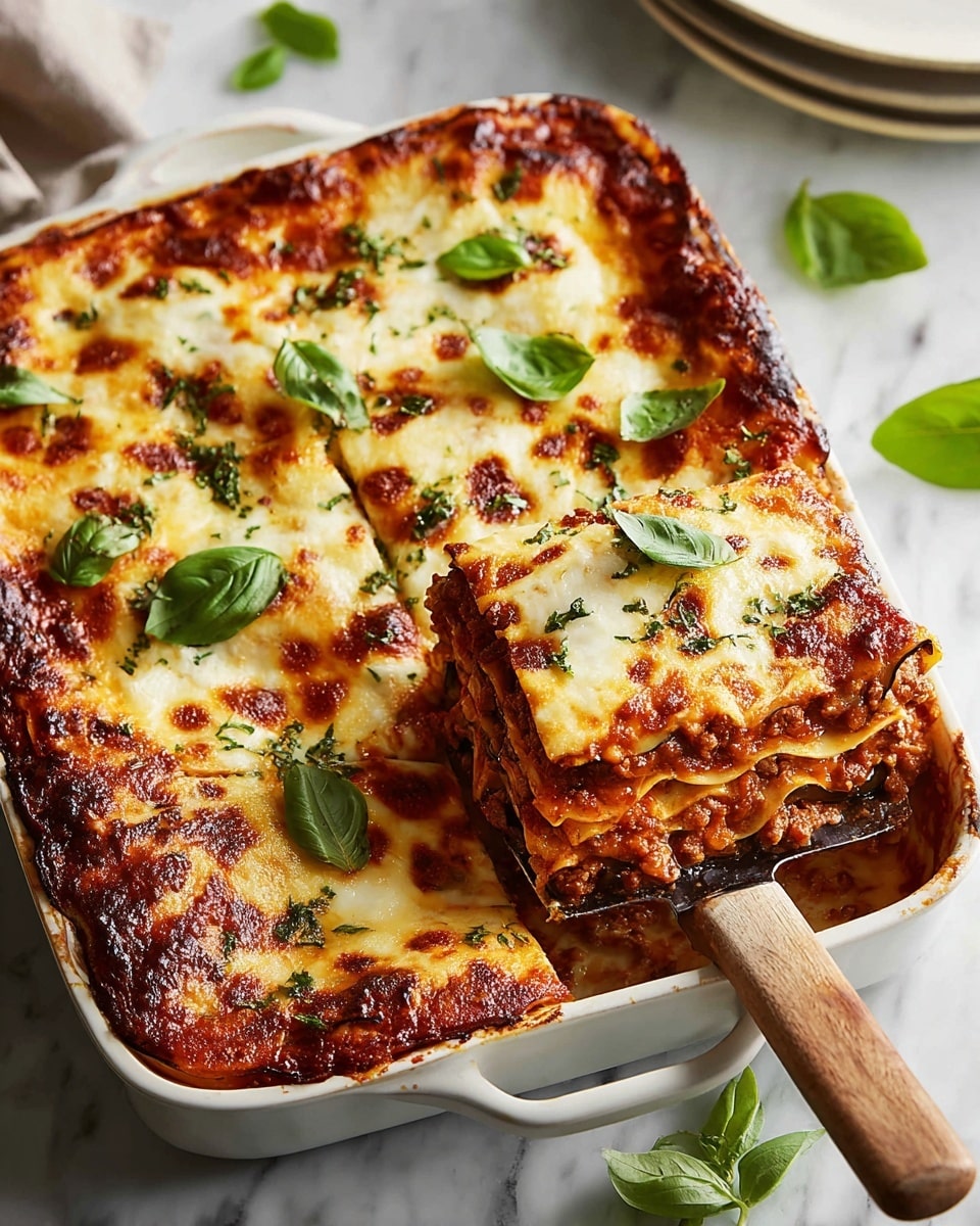 A white rectangular baking dish holds a freshly baked lasagna with four visible layers. The bottom layer is a rich red tomato sauce with minced ingredients, topped by a dark, textured layer likely of eggplant or similar vegetable. Above that is a thicker, creamy layer with melted white cheese that has golden brown spots from baking. The top layer is well-browned melted cheese sprinkled with small green herbs and garnished with fresh green basil leaves. A slice is being lifted by a spatula with a wooden handle, revealing the distinct layers inside. The dish sits on a white marbled surface, and fresh green basil leaves are scattered around nearby. Photo taken with an iphone --ar 4:5 --v 7