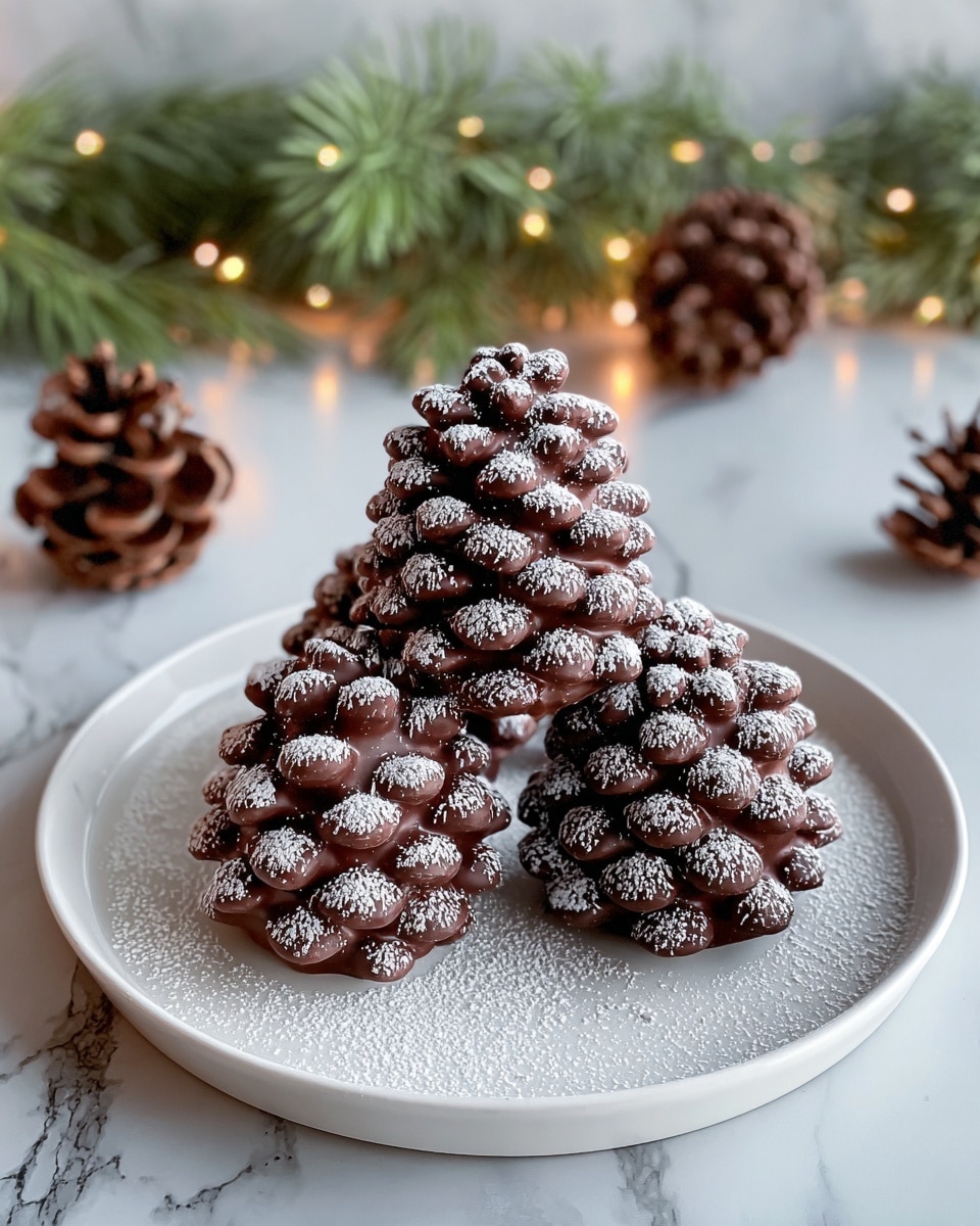 The image shows four chocolate pinecone-shaped treats arranged on a white plate, with one large pinecone in the center and three smaller ones around its base. Each pinecone has detailed scales made from chocolate that look thick and textured, dusted lightly with white powdered sugar to mimic snow. The background has green pine branches and actual pinecones, all set on a white marbled surface, giving a cozy, festive feeling. photo taken with an iphone --ar 4:5 --v 7