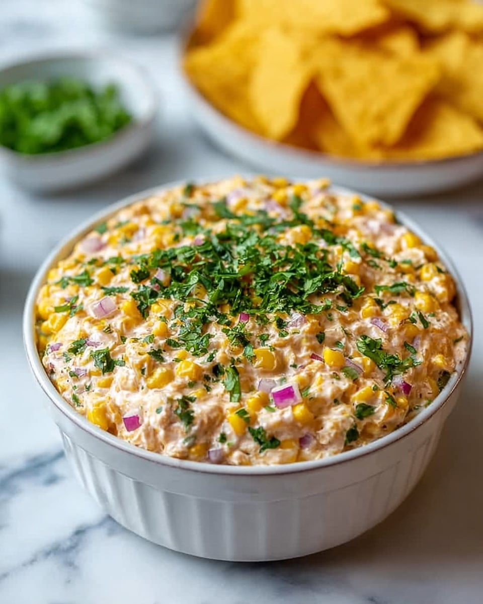 A white ceramic bowl filled with a creamy corn dip that shows bright yellow corn kernels mixed with finely chopped red onions and green herbs, giving a colorful and textured look. The dip is topped with a generous sprinkle of fresh chopped green herbs, adding a fresh green layer on top. The bowl is set on a white marbled surface, and in the blurred background, there are white dishes with yellow tortilla chips and more green herbs. photo taken with an iphone --ar 4:5 --v 7