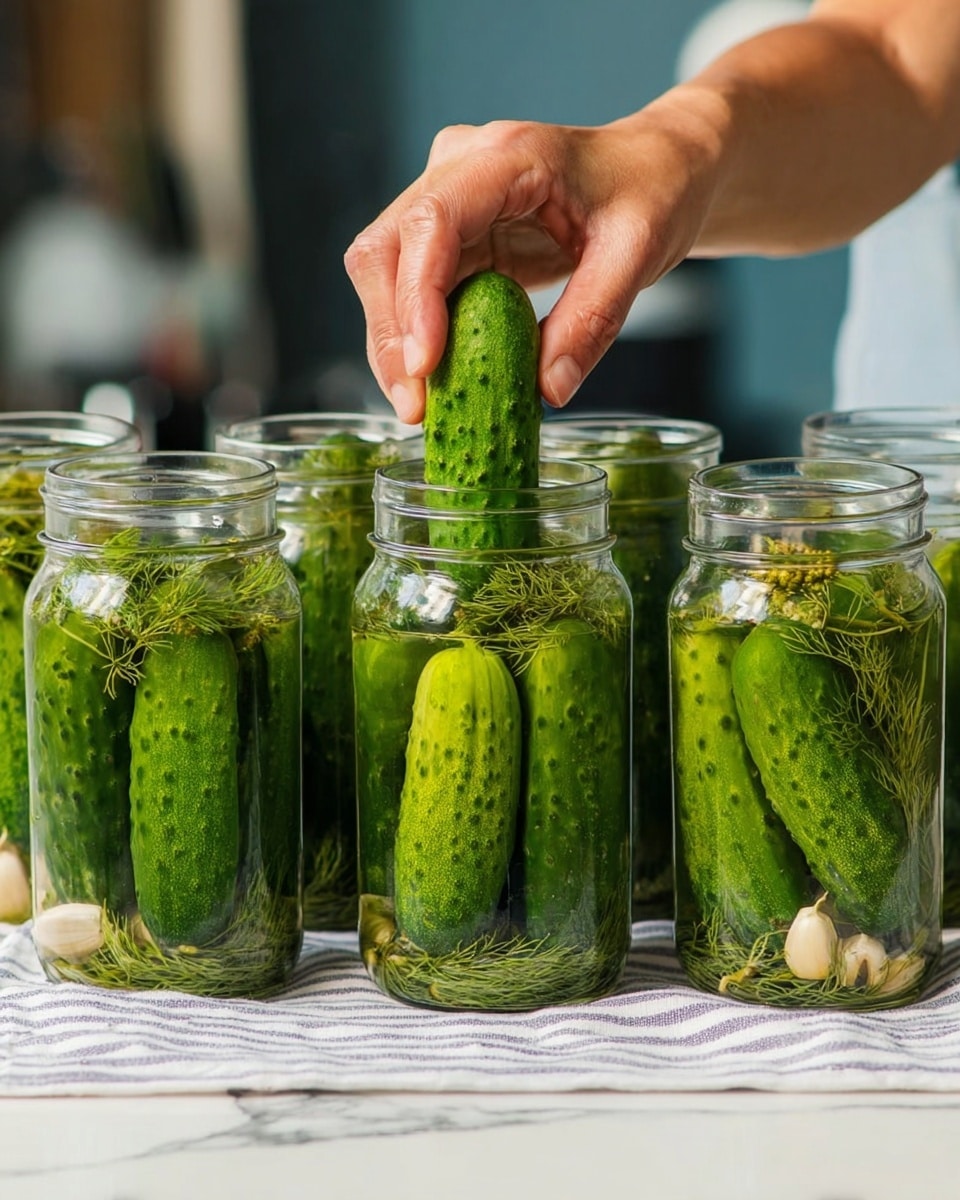 The image shows five clear glass jars filled with whole green pickling cucumbers. Each jar has three to five cucumbers placed vertically and tightly packed, with some garlic cloves and small dill sprigs at the bottom. A woman's hand is placing a final cucumber into the middle jar from above. The cucumbers have a bumpy texture and vary from medium to dark green. The jars sit on a white marbled surface with a subtle striped cloth underneath. The background is softly blurred, highlighting the jars and cucumbers in the front, photo taken with an iphone --ar 4:5 --v 7