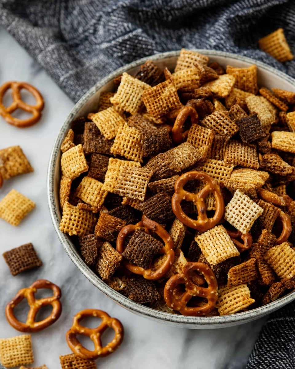 A bowl full of mixed snack pieces including small golden and brown square cereal pieces with a waffle texture, and darker brown pieces that look crunchy. Scattered throughout the bowl are small pretzels with a glossy, light brown surface and a classic twisted shape. The bowl is white with a subtle gray rim and sits on a white marbled surface. Some of the snacks are spilled next to the bowl on a soft, textured gray and white cloth. The overall colors are warm and earthy with a mix of light and dark browns. Photo taken with an iphone --ar 4:5 --v 7