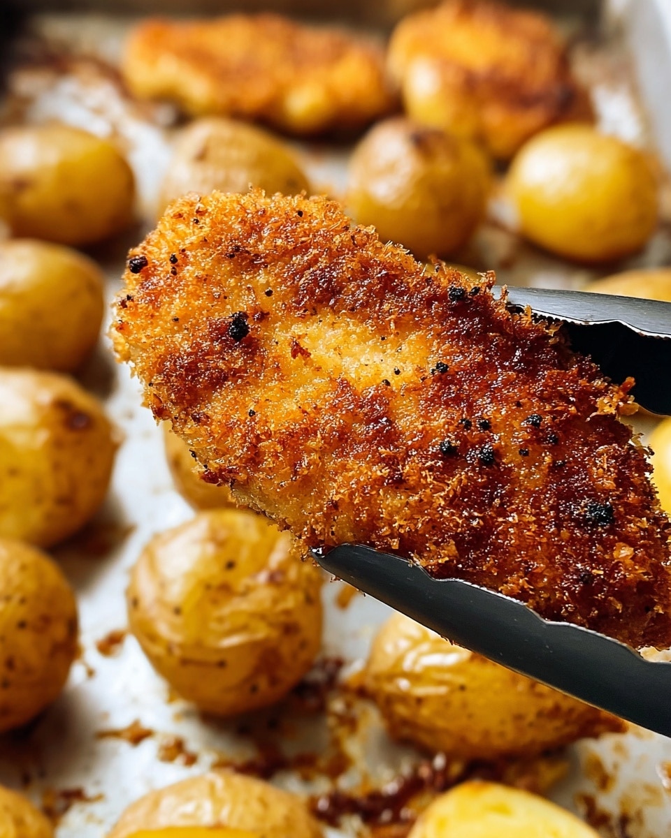 A close-up image shows a piece of crispy, golden-brown breaded chicken breast held by black tongs, with a rough texture from the crunchy coating and some small black specks of seasoning. In the blurred background, there are several small, round baked potatoes with light golden skins resting on a baking tray. The tray surface looks slightly greasy with browned bits from cooking. The whole scene is set on a white marbled texture. photo taken with an iphone --ar 4:5 --v 7