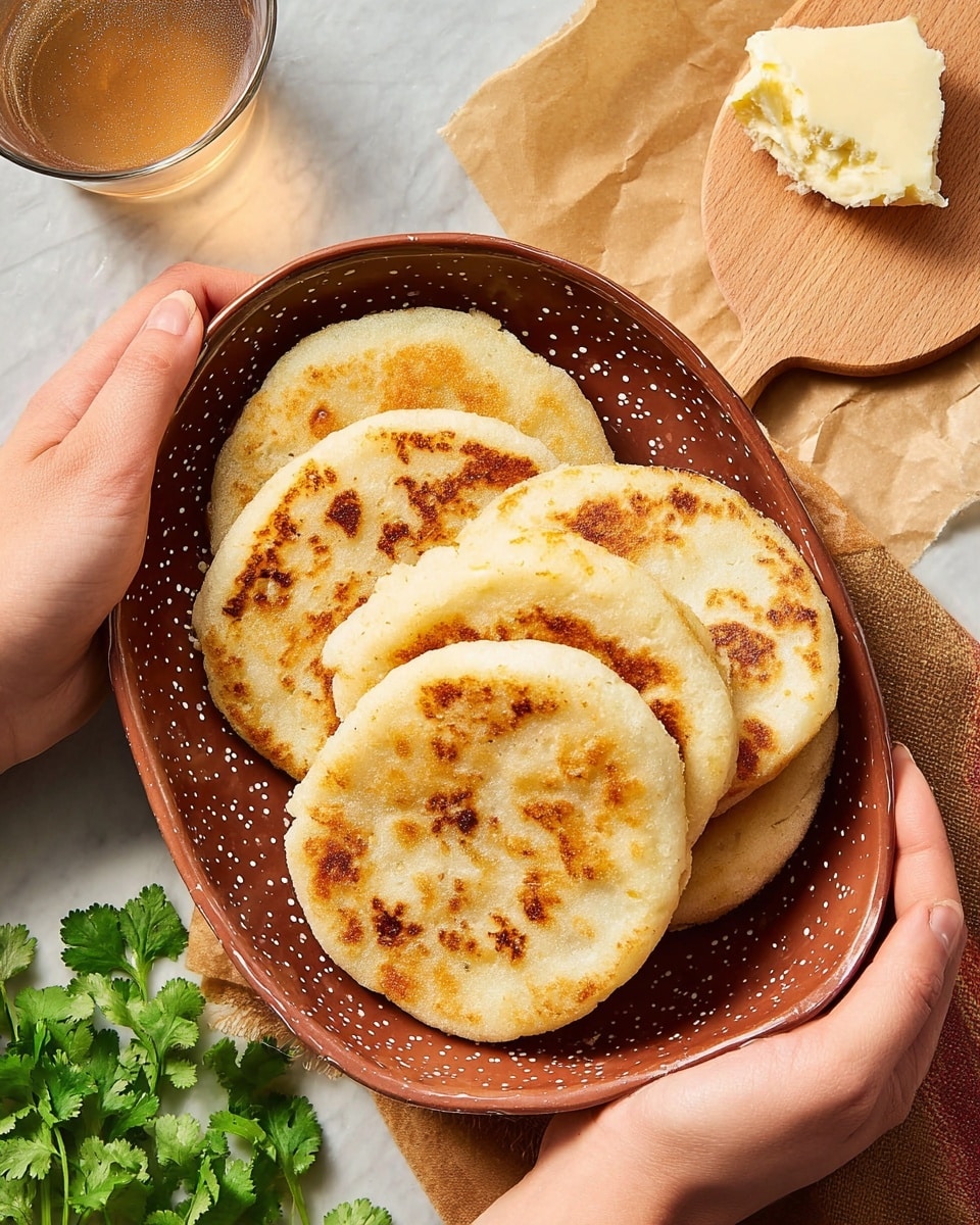 A pair of woman's hands holds a brown oval bowl with white and black dots, filled with four golden-brown arepas stacked in a slightly overlapping way, each arepa round and thick with a lightly crispy, toasted surface showing uneven browning and soft edges. Next to the bowl is a piece of butter on a wooden spatula resting on brown parchment paper, with some fresh green cilantro leaves scattered on a white marbled surface around the bowl. In the background, there is a clear glass filled with light brown liquid. photo taken with an iphone --ar 4:5 --v 7