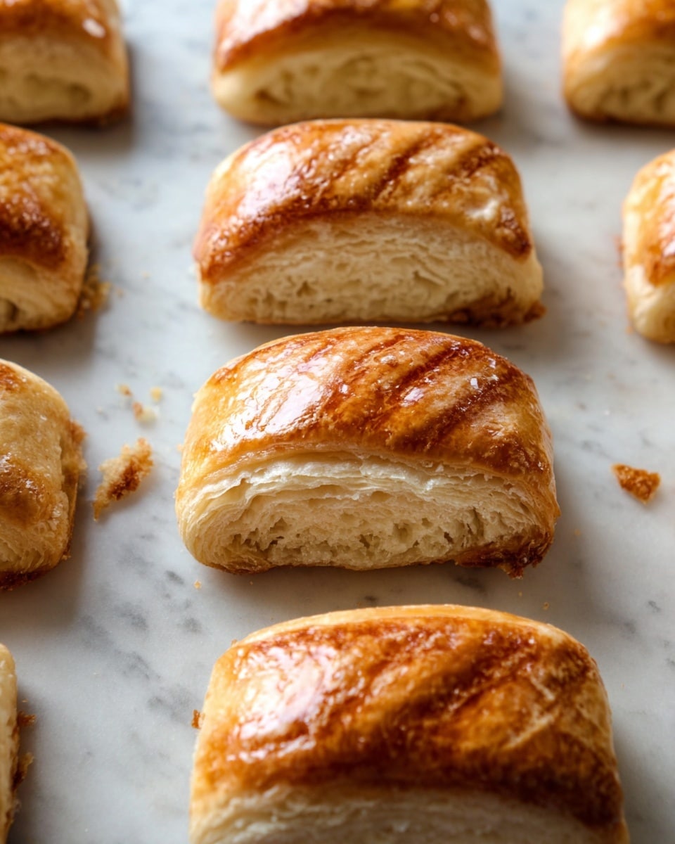 The image shows several small, golden-brown pastries arranged in rows on a white marbled textured surface. Each pastry has two visible layers: the outer layer is shiny with a smooth, golden crust, while the inner layer has a soft, textured dough with a light beige color, appearing slightly flaky and folded. The pastries are shaped into curved rectangles, standing on their shorter edges, and the light reflects gently off the top crust, highlighting the smooth finish. Crumbs and small bits of the pastry dough are scattered lightly around some pieces, adding a natural, fresh-out-of-the-oven feel. Photo taken with an iphone --ar 4:5 --v 7