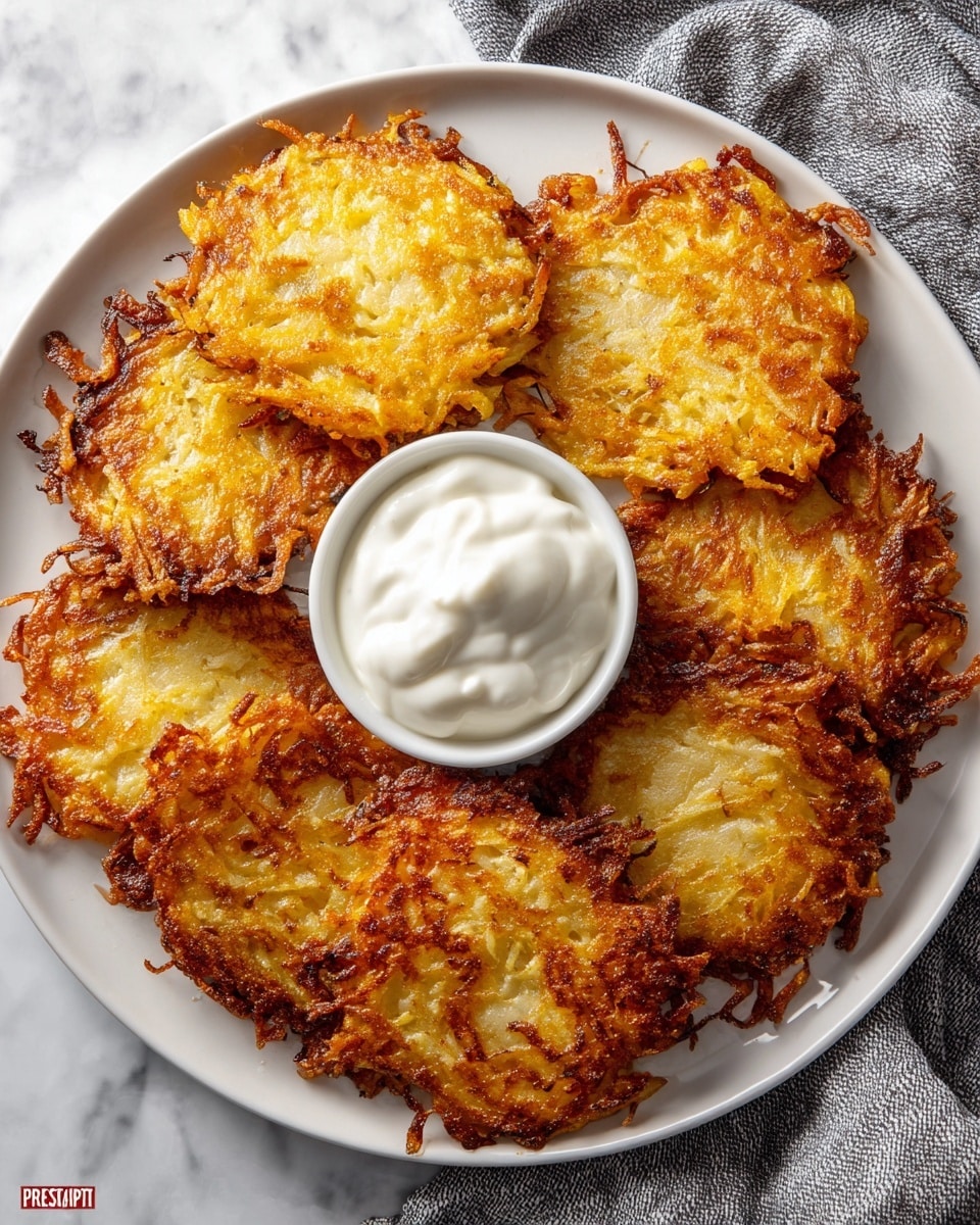 A white plate holds seven golden-brown potato pancakes arranged in a circle, each with a crispy, uneven edge and a textured surface showing grated potato strands. In the center of the plate, a small white bowl contains a creamy white sauce with soft peaks. The plate rests on a white marbled surface, with a gray cloth partially visible at the top right corner. photo taken with an iphone --ar 4:5 --v 7