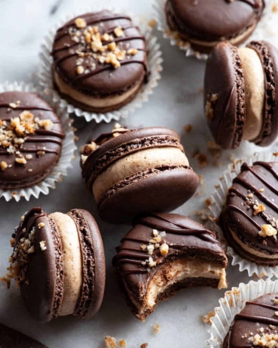 The image shows several chocolate macarons arranged on a white marbled surface, with some in white paper cups and others placed directly on the surface. Each macaron has two smooth, glossy dark brown shells with a slightly shiny texture, sandwiched with a creamy light brown filling in the middle. On top of the macarons, there are thin dark chocolate drizzles and small bits of crushed nuts adding a crunchy texture. Some macarons are whole while a few have bites taken out of them, revealing the soft and creamy filling inside. The overall look is rich and indulgent. photo taken with an iphone --ar 4:5 --v 7