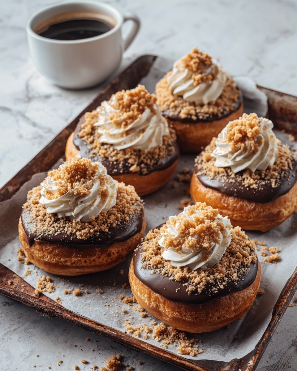 The image shows four round pastries on a rusty metal tray lined with parchment paper. Each pastry has a golden brown, flaky base topped with a layer of smooth dark brown chocolate glaze. On top of the chocolate is a thick, crumbly streusel layer in light brown shades. Each pastry is finished with a swirl of creamy white frosting in the center, sprinkled with extra crumbly bits. To the upper left of the pastries is a white cup filled with coffee, placed on the tray. The background surface is a white marbled texture. photo taken with an iphone --ar 4:5 --v 7