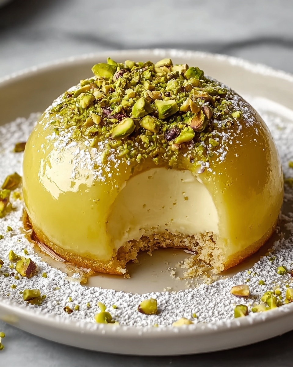 A small dome-shaped dessert with a smooth, shiny golden-yellow outer layer sits on a white plate with powdered sugar dusted around it. The dome is topped with a sprinkle of chopped green pistachio nuts, adding a rough texture and a pop of bright color. A bite is taken out of the dessert, revealing a soft, pale yellow creamy filling inside and a crumbly light brown base at the bottom. Some scattered pistachio pieces and crumbs are around the base on the plate. The background surface is a white marbled texture. Photo taken with an iphone --ar 4:5 --v 7