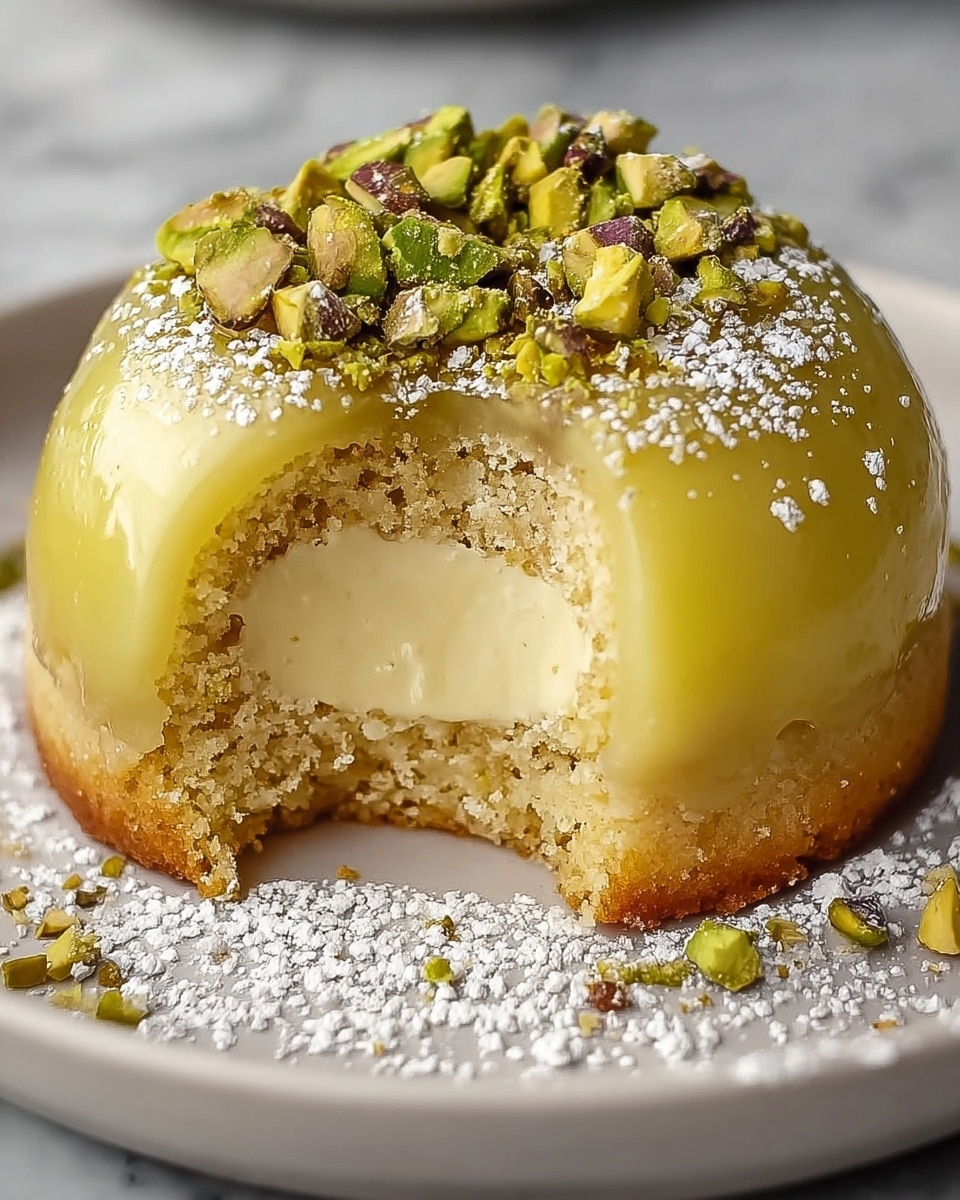 A small dome-shaped dessert with three visible layers sits on a white plate with a white marbled texture beneath. The bottom layer is a golden-brown crumbly cake base, supporting a smooth, creamy pale yellow middle layer that looks soft and custard-like. The top layer is a glossy, slightly translucent yellow glaze with a dusting of white powdered sugar around the edges. Chopped green pistachio nuts are sprinkled generously on top, adding texture and color contrast. A bite is taken out of the dessert, revealing the soft creamy center and crumbly base close up. Photo taken with an iphone --ar 4:5 --v 7
