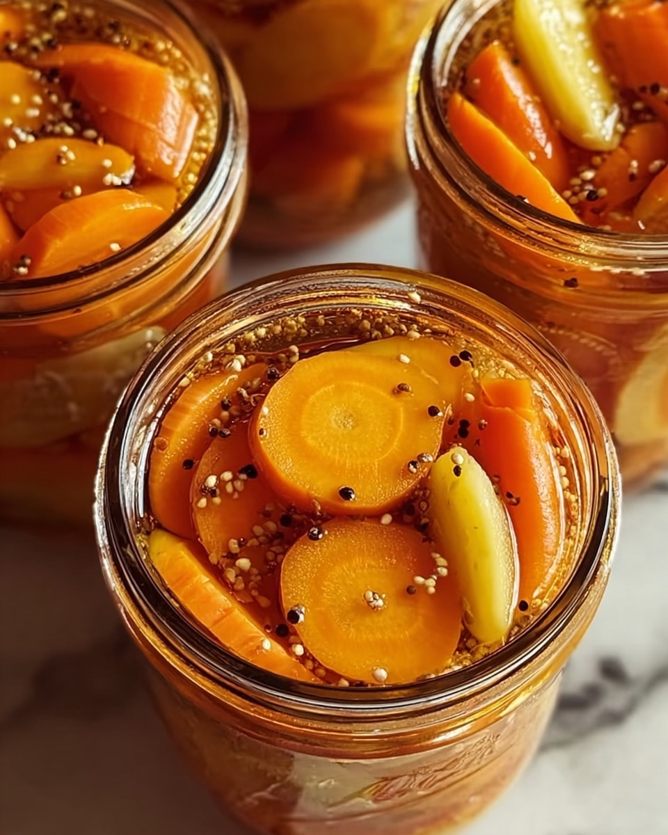 A close-up image of a glass jar filled with pickled carrot slices layered vertically and surrounded by clear, amber-colored brine with visible mustard seeds and black pepper flakes, creating a speckled texture throughout the jar. The jar has a clear glass lid and is placed on a white marbled surface. In the background, there are several more jars filled with the same pickled carrots, slightly out of focus, creating a warm and inviting scene. photo taken with an iphone --ar 4:5 --v 7