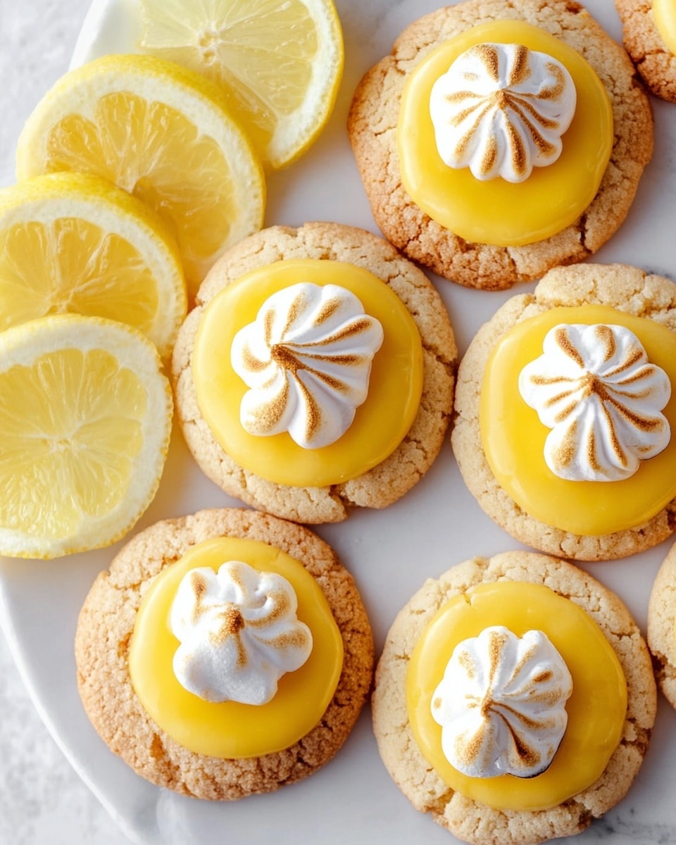 A close-up view of six round cookies arranged on a white plate with a white marbled texture underneath, each cookie having two layers: a cracked, pale golden-brown cookie base and a smooth, bright yellow lemon curd layer on top. Each cookie is decorated with three small dollops of toasted white meringue with golden brown tips, placed near the edge of the lemon curd. Two lemon wedges with light yellow flesh and translucent rinds are positioned on the left side of the plate. The photo taken with an iphone --ar 4:5 --v 7