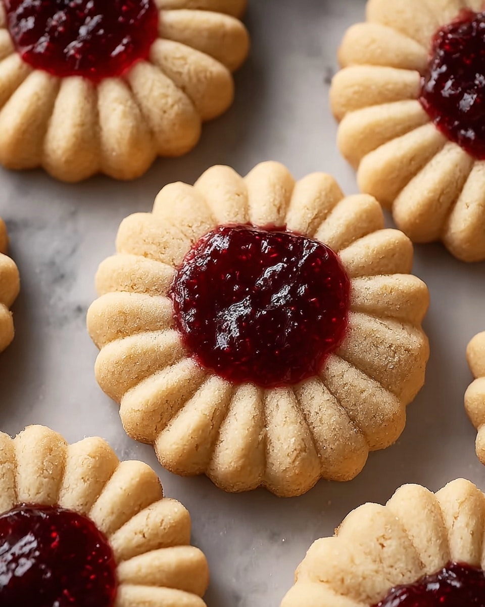 The image shows several flower-shaped cookies with two layers: the bottom layer is a beige, crumbly cookie with petal-like ridges, while the top center is filled with glossy, dark red jam that looks thick and slightly textured. The cookies are placed close together on a white marbled surface. The overall look is soft and textured on the cookie edges with a shiny, smooth jam finish in the middle. photo taken with an iphone --ar 4:5 --v 7