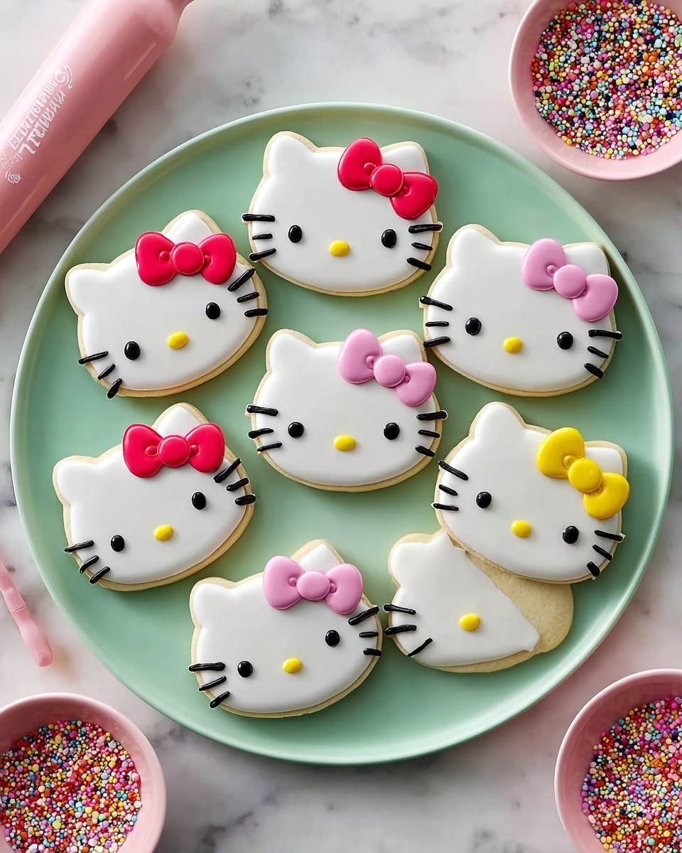 A round mint green plate holds nine decorated cookies shaped like a cat's head, each with a smooth white icing base. Each cookie has a small yellow or pink oval nose in the center, two black oval eyes, and three black whisker lines on each side positioned near the edges. The top part of each cookie has a bow with a shiny, smooth texture in three colors: bright red, bright pink, and bright yellow. The cookies have a soft, slightly raised edge where the icing ends. Surrounding the plate are two light pink bowls filled with small colorful round and cylindrical sprinkles, and a pink piping bag lies nearby on a white marbled surface. Photo taken with an iphone --ar 4:5 --v 7