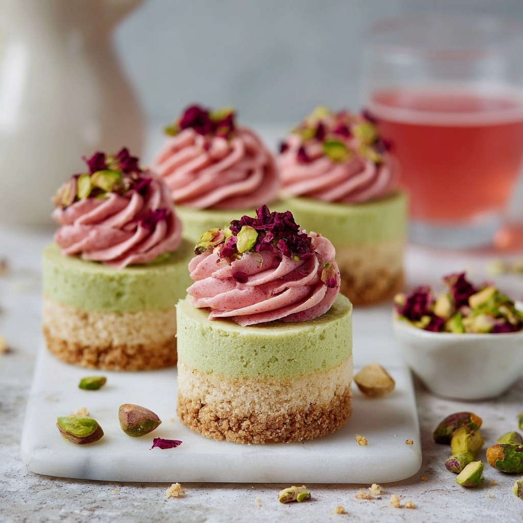 The image shows several cupcakes arranged closely together on a white marbled surface scattered with whole and split pistachios. Each cupcake has two visible layers: a bottom layer of light brown pistachio cake with a soft texture and a top layer of smooth and creamy pink frosting piped in a rose swirl pattern. The pink frosting is decorated with small, dark pink dried rose petals unevenly scattered on top, adding a natural and delicate touch. The overall look is fresh and elegant, highlighting the contrast between the pistachio cake's earthy tones and the bright pink frosting. Photo taken with an iphone --ar 4:5 --v 7