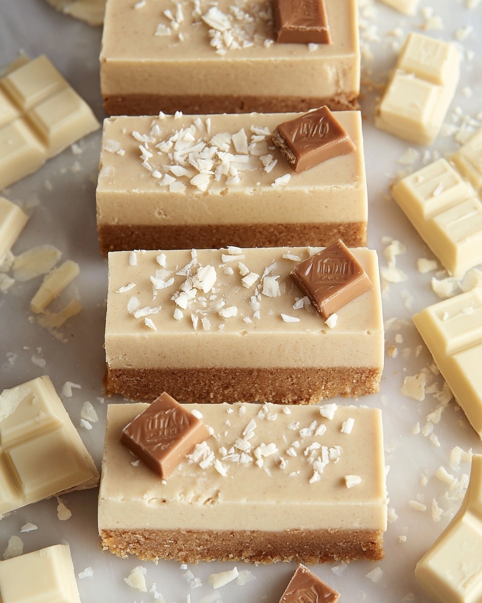 The image shows four rectangular bars of a creamy dessert with two layers. The bottom layer is crumbly and brown, resembling a biscuit base, while the top layer is thick, smooth, and pale beige in color. Each bar is topped with a small square piece of light brown chocolate and sprinkled with white chocolate flakes. The bars are placed on a white marbled surface surrounded by scattered pieces of white chocolate squares, enhancing the dessert's rich, creamy look. photo taken with an iphone --ar 4:5 --v 7