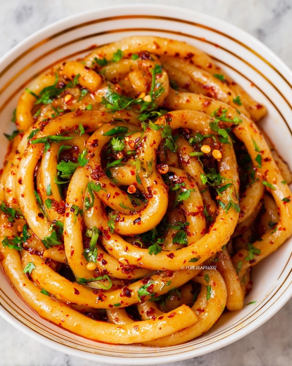 The image shows thick, ring-shaped noodles coated with a reddish-brown spicy sauce speckled with chili flakes and small bits of garlic or seasoning. The noodles have a smooth, slightly glossy texture and are served in a white bowl with two thin gold stripes on the rim. Fresh green chopped herbs, likely cilantro, are sprinkled generously over the noodles, adding a fresh pop of color. The noodles are piled up in layers, some curled into loops, filling the bowl closely. The whole setting is placed on a white marbled textured surface. photo taken with an iphone --ar 4:5 --v 7