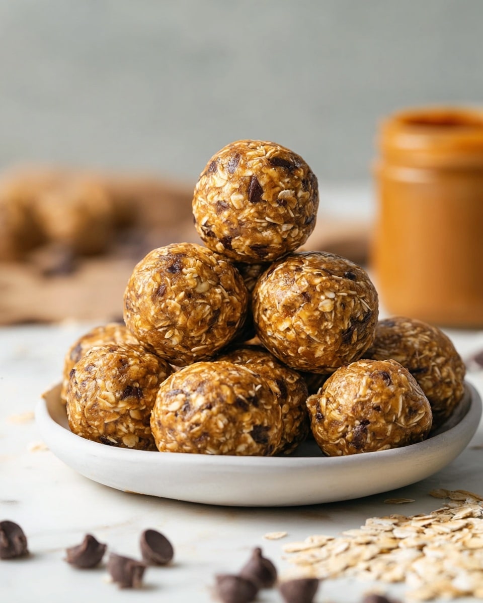 A stack of round energy balls made from oats and chocolate chips is placed on a white plate, forming a pyramid with three layers; the bottom layer has five balls, the middle layer has four, and the top layer has two. Each ball has a rough texture with visible oats and specks of dark chocolate, showing a golden-brown color with light and dark tones throughout. Behind the plate, a blurred jar of peanut butter with a warm amber color is visible. In the foreground, scattered oats and chocolate chips are seen on a white marbled surface, adding texture and context to the scene. photo taken with an iphone --ar 4:5 --v 7