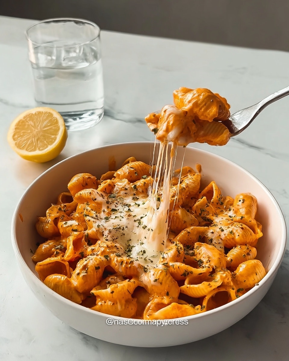 A white bowl filled with shell-shaped pasta covered in a rich, creamy orange sauce. On top, there is melted white cheese stretching as a fork lifts some pasta, showing gooey, stringy texture. The pasta is sprinkled with green herbs. In the background, there is a glass of water and half a lemon placed on a white marbled surface. photo taken with an iphone --ar 4:5 --v 7