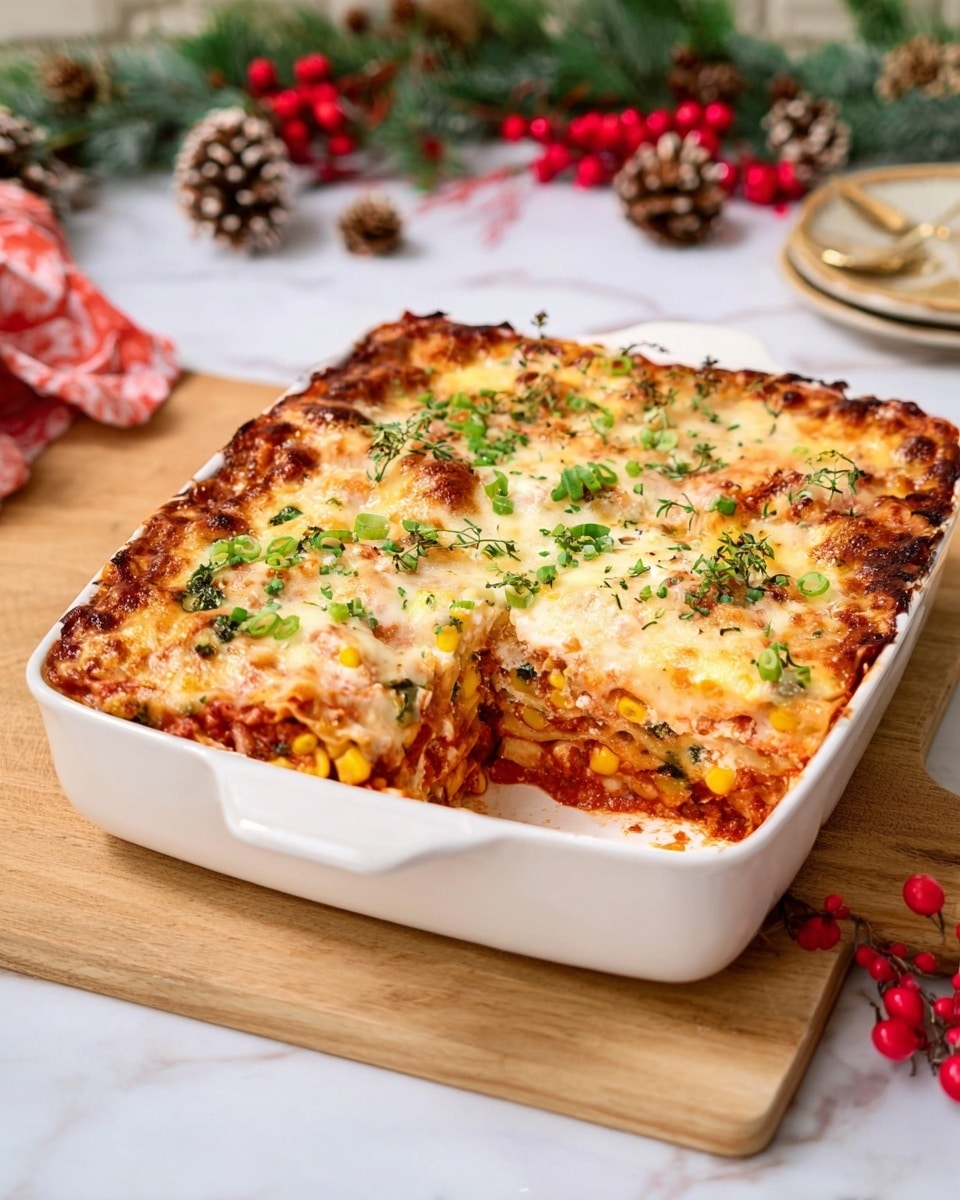 A white rectangular baking dish filled with a baked lasagna showing three visible layers: a bottom layer of thick red tomato sauce mixed with vegetables like corn and beans, a middle layer of creamy white cheese, and a top layer of browned, melted cheese with hints of crunchy texture. The lasagna is sprinkled with chopped green herbs such as thyme and green onions, giving it freshness, and a scoop has been taken out from the front left corner, revealing the inside. The dish sits on a light wooden board with festive red berries and pinecones nearby, on a white marbled surface. Photo taken with an iphone --ar 4:5 --v 7