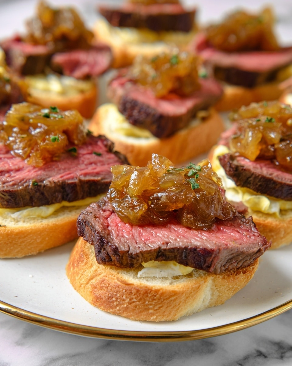 The image shows a white plate with round bread slices as the base layer, each piece topped with a thin layer of light yellow mayo or sauce. On top of that, there is a thick slice of medium-rare steak with a pink center and a dark brown crust. The top layer consists of chunky, caramelized onions or a fruit chutney with a golden-brown color, scattered with small green herb pieces. The plate rests on a white marbled surface. photo taken with an iphone --ar 4:5 --v 7