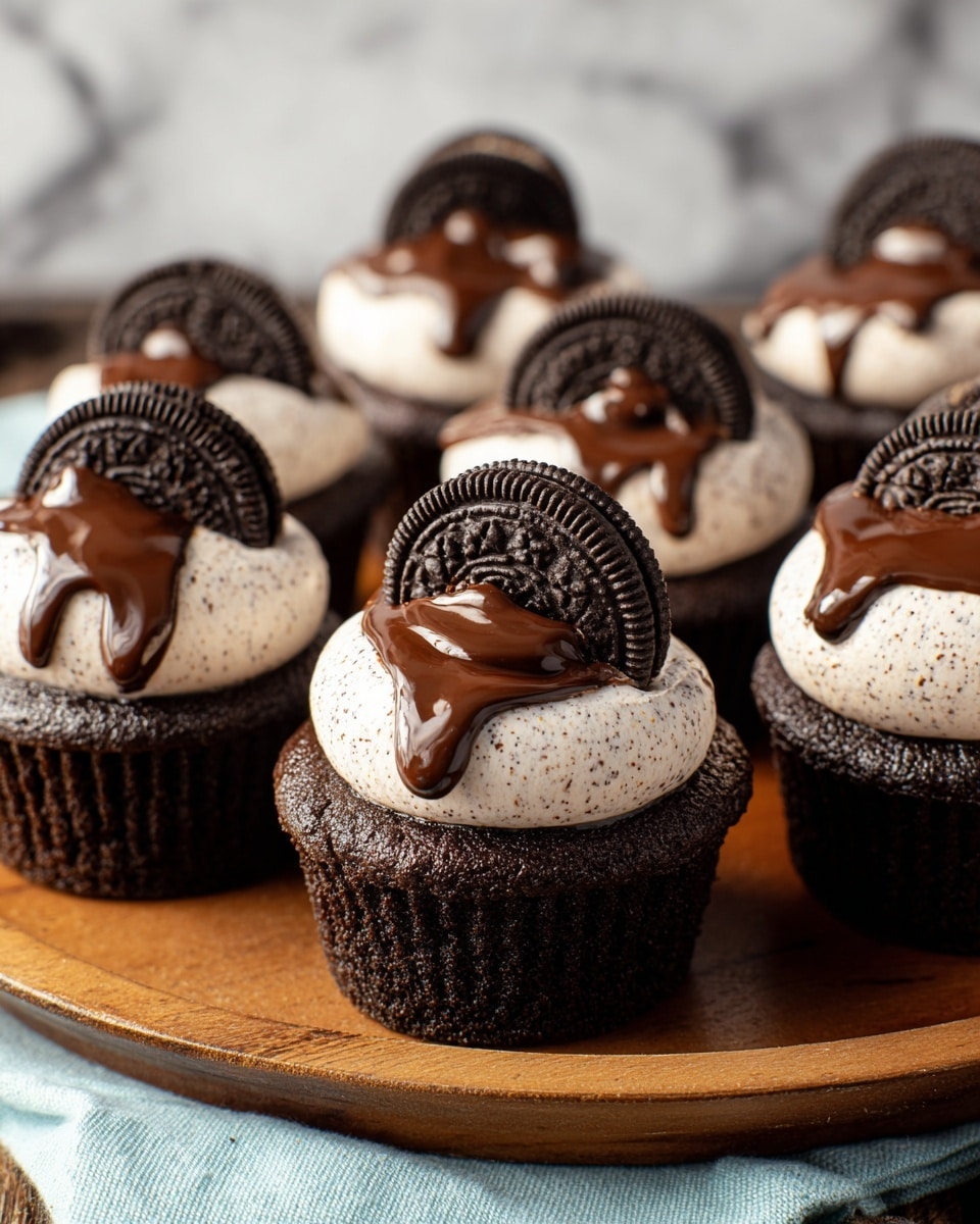The image shows several chocolate cupcakes arranged on a round wooden tray. Each cupcake has a dark chocolate base with a slightly textured surface. On top, there is a single layer of light-colored, speckled cream that looks soft and fluffy. A glossy chocolate sauce is drizzled over the cream, dripping slightly down the sides. Each cupcake is topped with half of a black and white sandwich cookie, standing upright into the cream. The cupcakes are placed on a light blue cloth with a white marbled background behind them. photo taken with an iphone --ar 4:5 --v 7