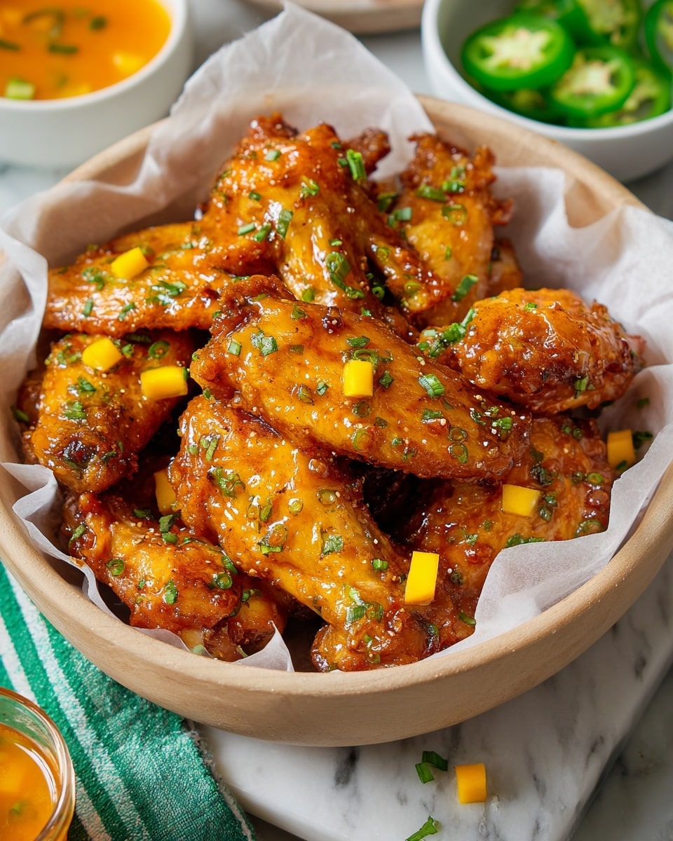 A round bowl lined with crumpled white paper holds about ten glazed chicken wings, each wing coated in a shiny, sticky orange sauce with small black and green specks. Scattered across the wings are small pieces of bright yellow mango and fresh chopped green herbs, adding color contrast. The bowl sits on a white marbled surface with a green-striped cloth partially visible underneath, and parts of two white bowls with green sliced peppers and yellow sauce can be seen at the edges. Photo taken with an iphone --ar 4:5 --v 7