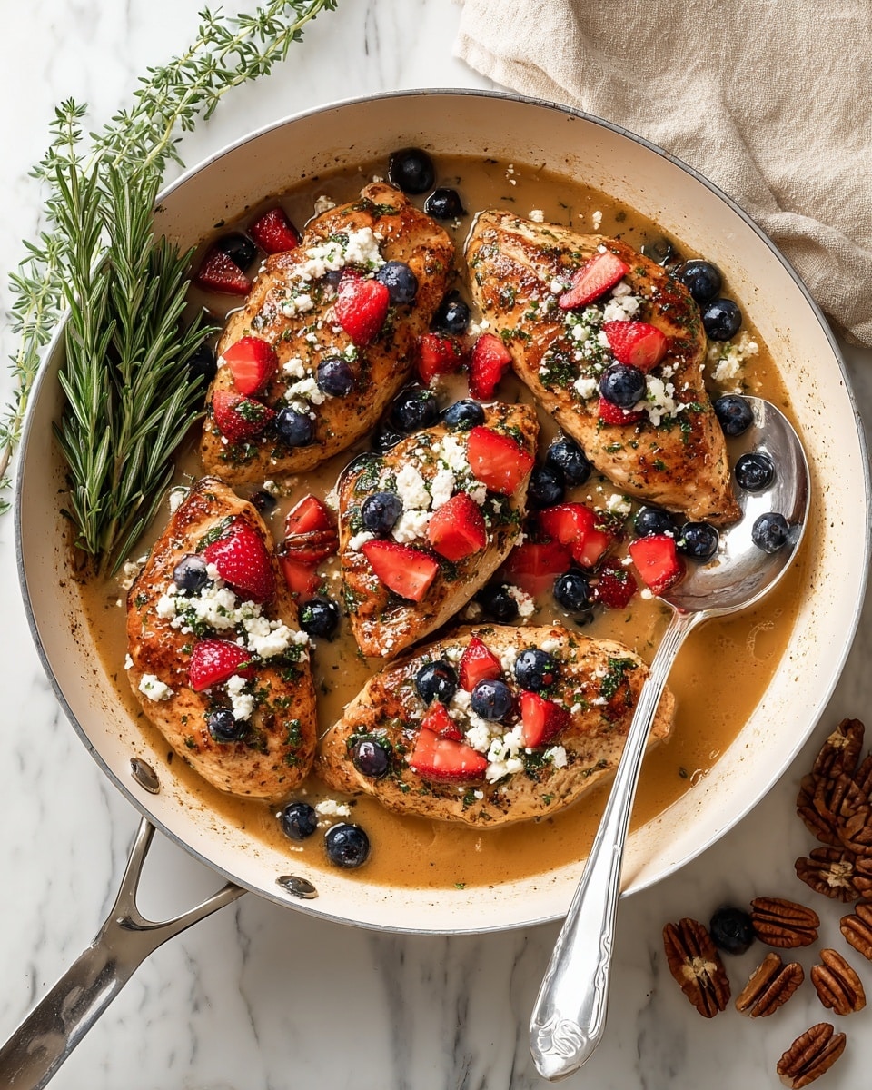A white frying pan with five browned chicken breasts soaked in a light brown sauce, each topped with fresh red strawberry chunks, deep blue blueberries, and crumbled white cheese, sprinkled with green herbs. A bunch of fresh rosemary is placed on the left side of the pan. A large shiny silver spoon rests inside the pan on the right side. The pan sits on a white marbled surface with a beige cloth partially visible in the top right corner and pecans scattered at the bottom left corner. photo taken with an iphone --ar 4:5 --v 7
