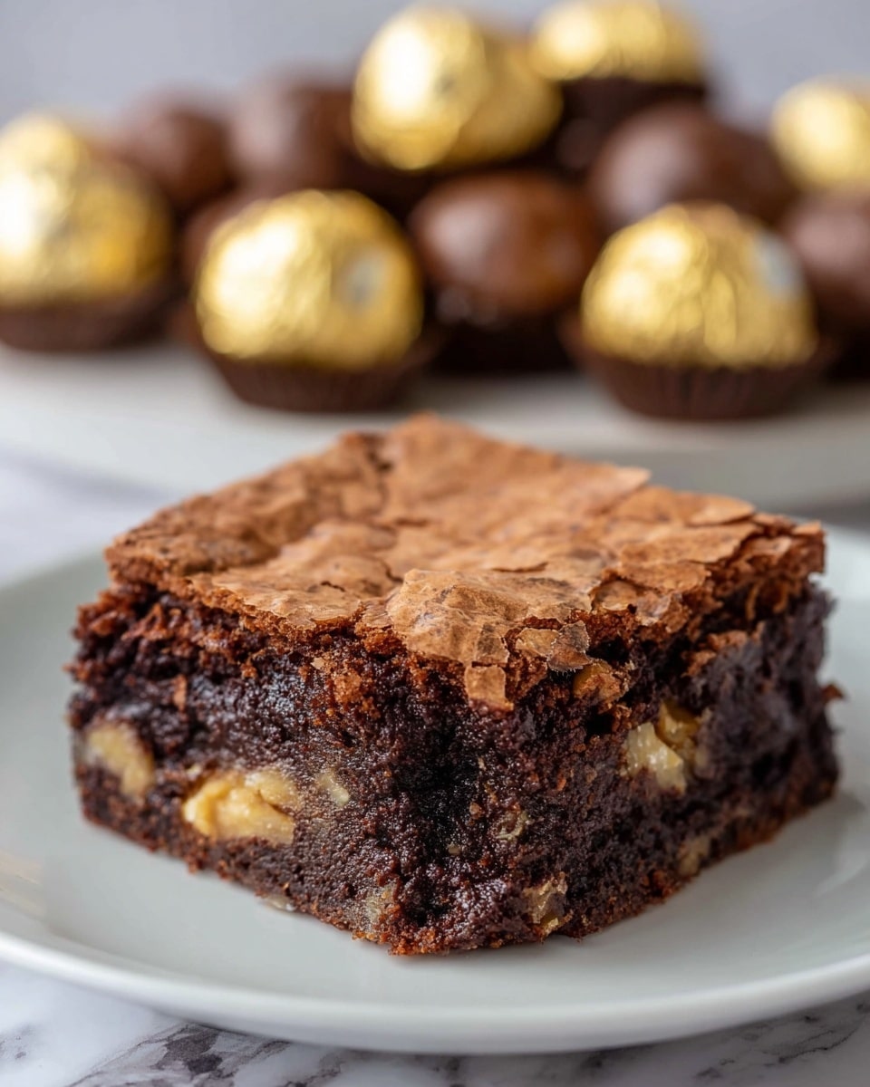 A close-up view of a single square brownie on a white plate, showing two main layers: a cracked, thin, light brown top crust and a thicker, dense, dark chocolate layer underneath with visible chunks of walnuts. The brownie has a moist, chewy texture with some crumbly edges. In the blurred background, there are round chocolate candies wrapped in shiny gold and brown foil, displayed on a white marbled surface. photo taken with an iphone --ar 4:5 --v 7