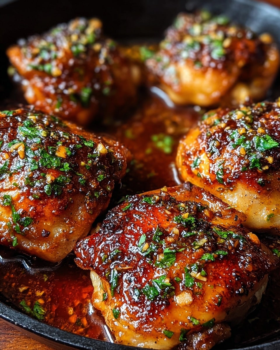 The image shows five pieces of cooked chicken thighs in a black pan, each with a rich, golden-brown crispy skin that shines with a glossy, thick sauce coating. The chicken surface is speckled with finely chopped green herbs and small bits of garlic, giving a fresh and textured look. The sauce has a deep reddish-brown color pooling around the chicken, enhancing the savory appearance. The close-up captures the juicy, tender chicken meat underneath the crust with a slightly charred edge, making the dish look flavorful and well-cooked. Photo taken with an iphone --ar 4:5 --v 7