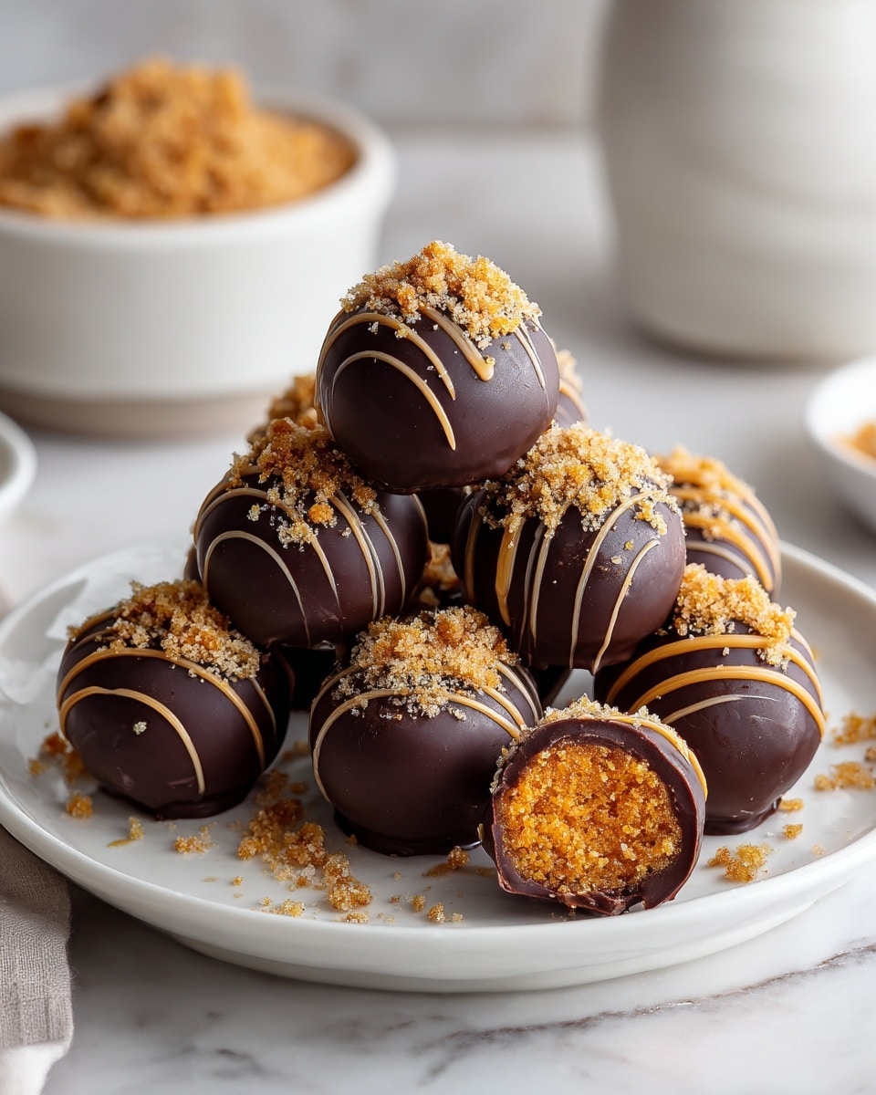 A white plate holds about ten round dark chocolate-covered balls stacked in a small pile. Each ball is decorated with thin drizzle lines of caramel color and topped with crumbly golden-brown bits. One ball in the front is cut in half, showing an orange, crumbly textured inside contrasting with the smooth dark chocolate with a shiny finish. The plate rests on a white marbled surface with soft focused background elements including a white bowl filled with the same crumb topping. Photo taken with an iphone --ar 4:5 --v 7