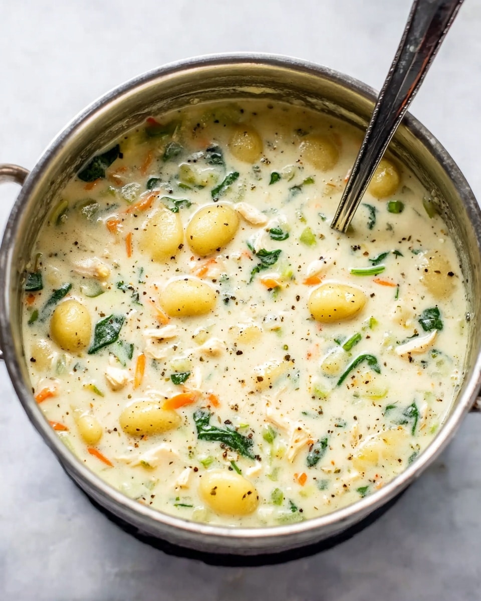 A metal pot filled with a creamy, thick soup with small round yellow gnocchi pieces floating throughout. The soup is white with specks of black pepper and small bits of green spinach or leafy vegetables, orange carrot shreds, and small chunks of white chicken or another light meat. A silver spoon stands vertically inside the pot, slightly embedded in the soup. The pot is placed on a white marbled surface. photo taken with an iphone --ar 4:5 --v 7