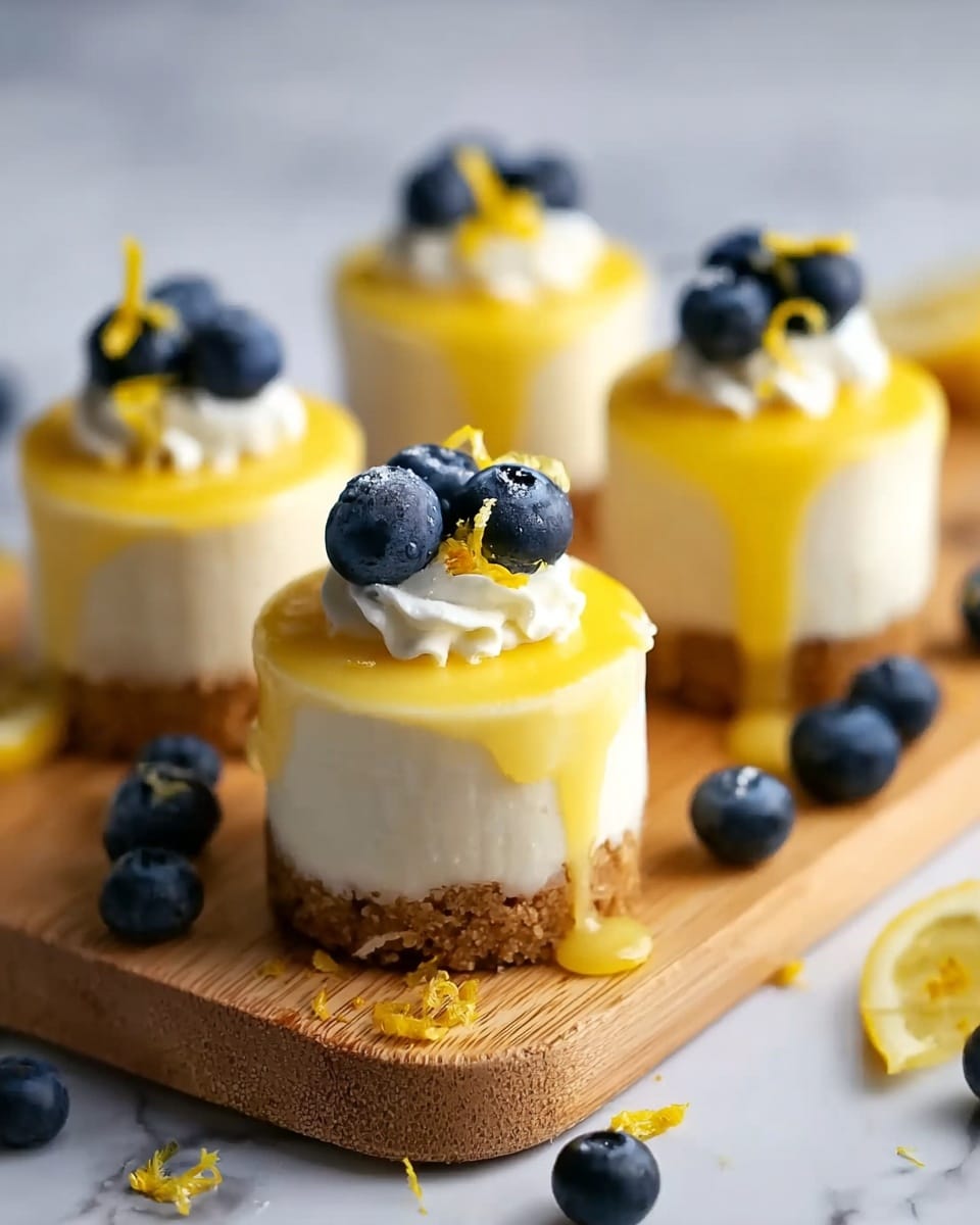 The image shows three small round lemon cheesecake desserts placed in a row on a wooden serving board. Each cheesecake has three layers: a crumbly golden brown base at the bottom, a thick creamy white middle layer, and a smooth bright yellow lemon glaze slowly dripping down the sides from the top. On top of each cheesecake, there are three fresh blueberries, a small dollop of white whipped cream, and thin strips of lemon zest, all arranged neatly. More blueberries and lemon zest pieces are scattered around the board. The scene is set on a white marbled surface. photo taken with an iphone --ar 4:5 --v 7