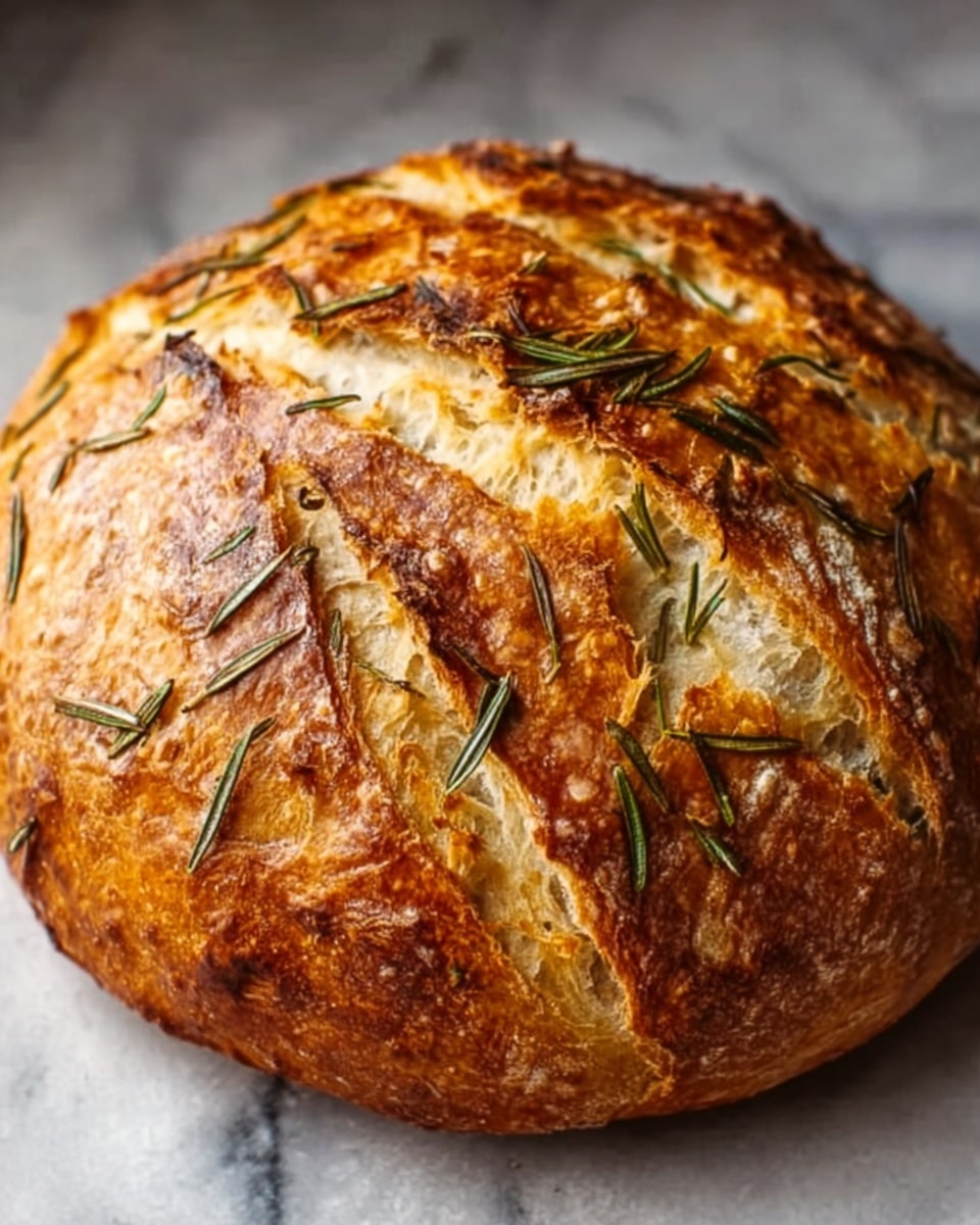 A round loaf of bread with a golden brown crust sits on a light cloth, topped with scattered green rosemary leaves and sprinkled sesame seeds. The crust features deep, wide cuts revealing a soft, light tan inside. The loaf has a rough texture with some areas dusted with white flour, and light shines on the top, emphasizing its crispy surface. The background has a soft, out-of-focus look with warm tones. photo taken with an iphone --ar 4:5 --v 7