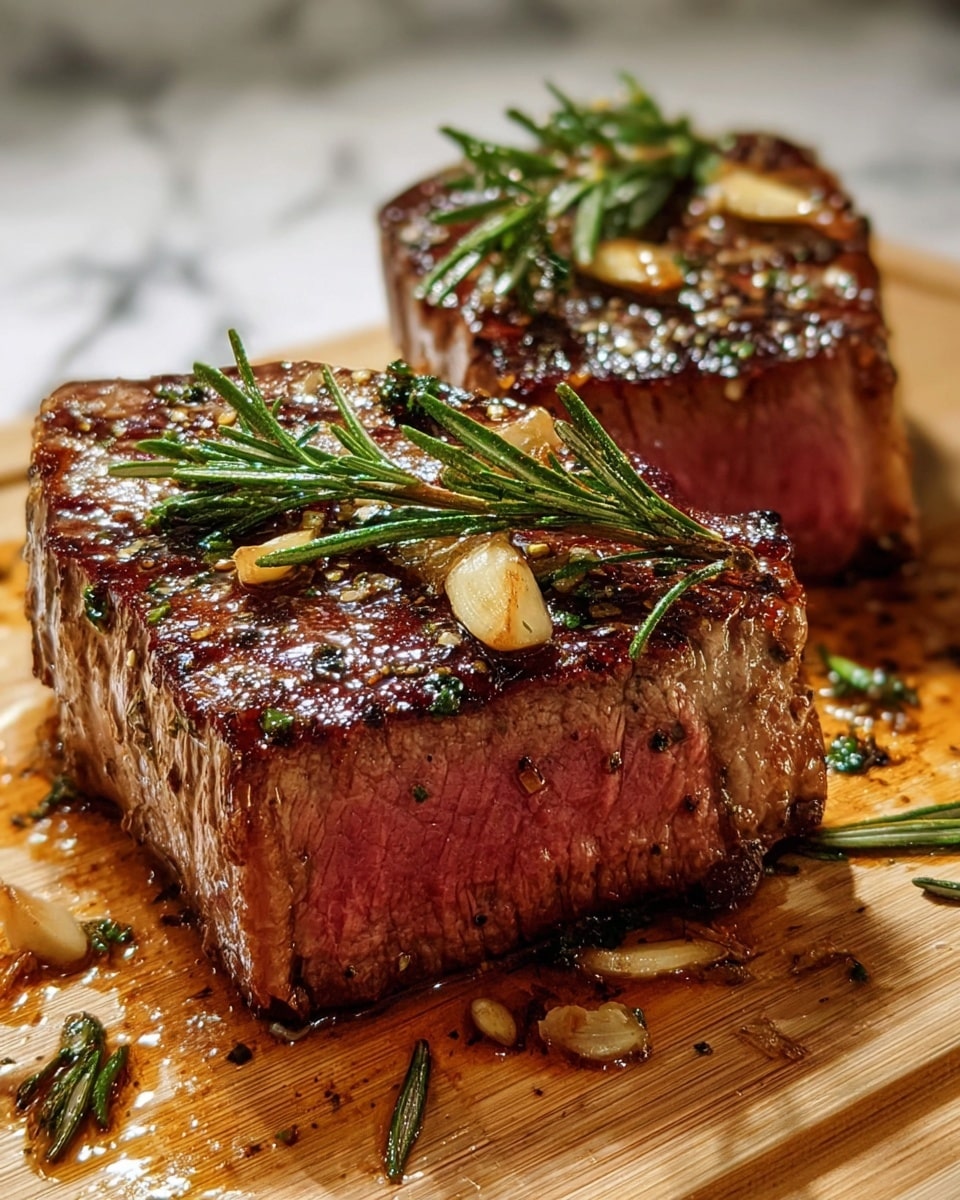 Two thick, juicy steak pieces with a brown, grilled crust and a pink center show they are cooked medium rare; each steak is topped with fresh green rosemary sprigs and small pieces of cooked garlic. The steaks are placed on a light brown wooden board with some steak juices and herbs scattered around. The background features a white marbled texture with soft lighting highlighting the meat's texture and freshness. photo taken with an iphone --ar 4:5 --v 7