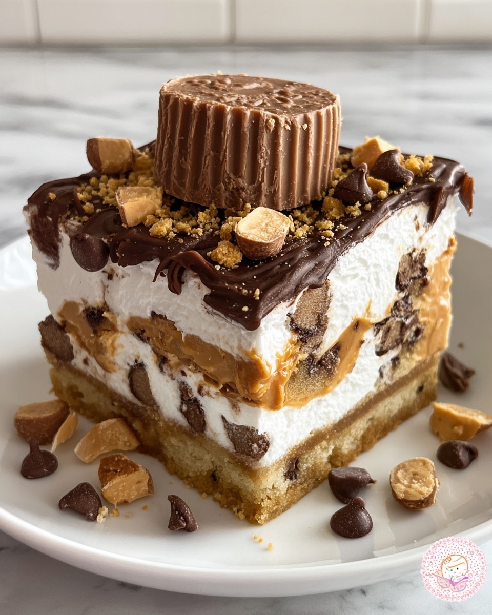 A thick square dessert with four visible layers sits on a white plate on a white marbled surface. The bottom layer is a golden cookie crust embedded with chocolate chips. Above it is a thick caramel-colored peanut butter filling also mixed with chocolate bits. On top of that is a fluffy white cream layer, and the top layer is a thick cookie crust similar to the bottom. The entire dessert is drizzled with dark chocolate sauce, which also covers a large peanut butter cup placed on top. The peanut butter cup is decorated with small chunks of chocolate and peanut brittle scattered around and on the plate. Photo taken with an iphone --ar 4:5 --v 7