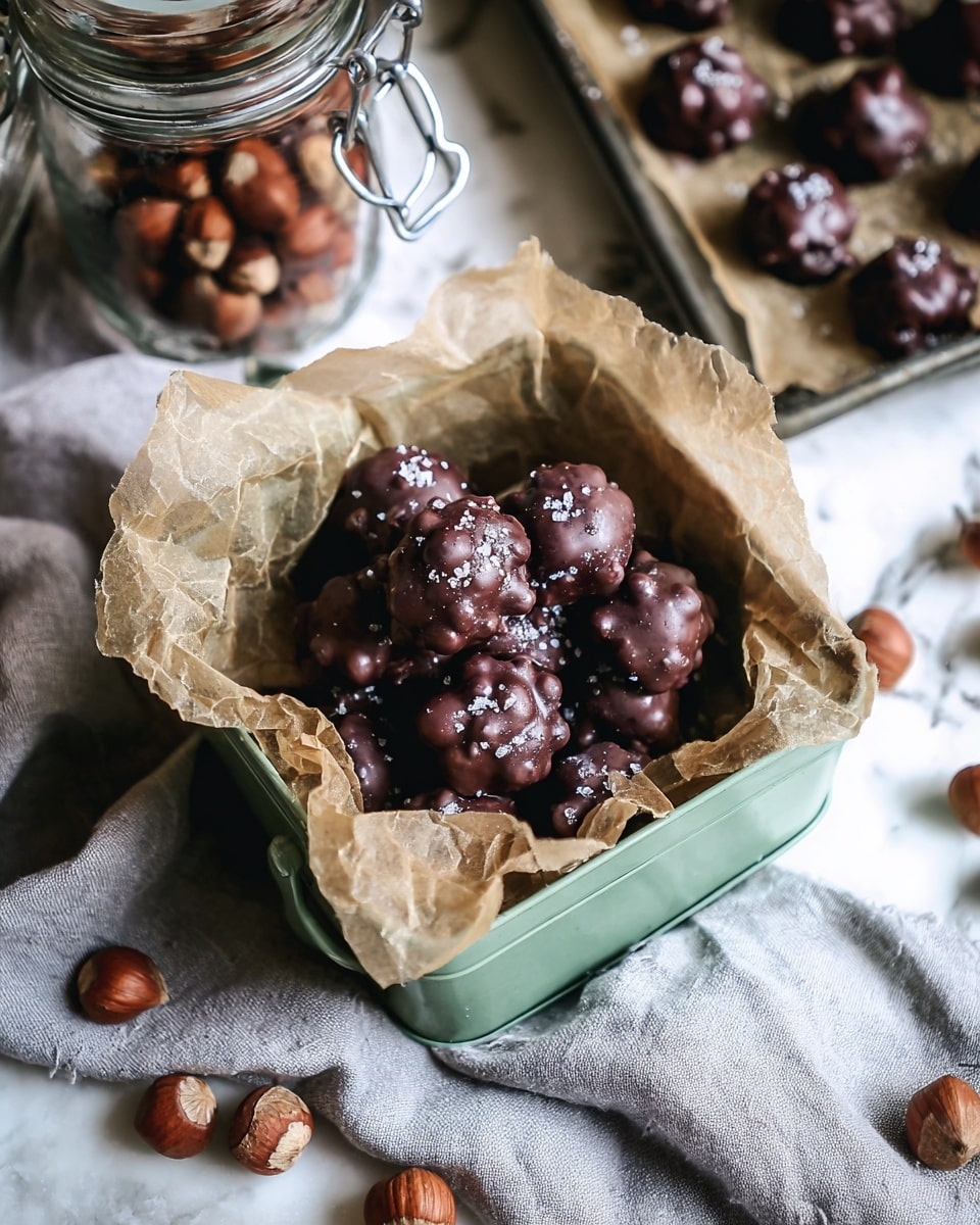 Clusters of glossy dark chocolate-coated nuts rest on crumpled light brown parchment paper inside a green metal box. Each cluster shows a bumpy texture from the round nuts covered in smooth, shiny chocolate with a few white salt flakes sprinkled on top. Around the box, whole hazelnuts are scattered on a soft, wrinkled light gray cloth, which sits on a white marbled surface. In the background, a glass jar filled with whole hazelnuts is partially visible, along with a metal baking tray holding more chocolate nut clusters on parchment paper. photo taken with an iphone --ar 4:5 --v 7