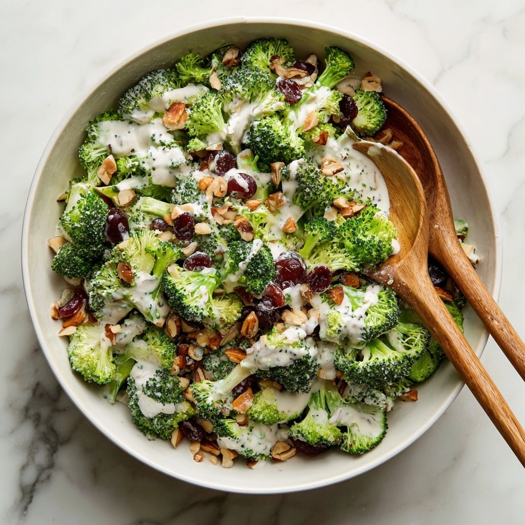 A large white bowl filled with a fresh salad that has several layers: bright green broccoli florets form the main layer, mixed with smaller pieces of dark red grapes and chopped light brown nuts scattered throughout. The salad also has creamy white dressing drizzled unevenly on top, and two light golden wooden spoons rest inside the bowl, partially buried in the salad. The bowl sits on a white marbled surface with a subtle pattern. Photo taken with an iphone --ar 4:5 --v 7