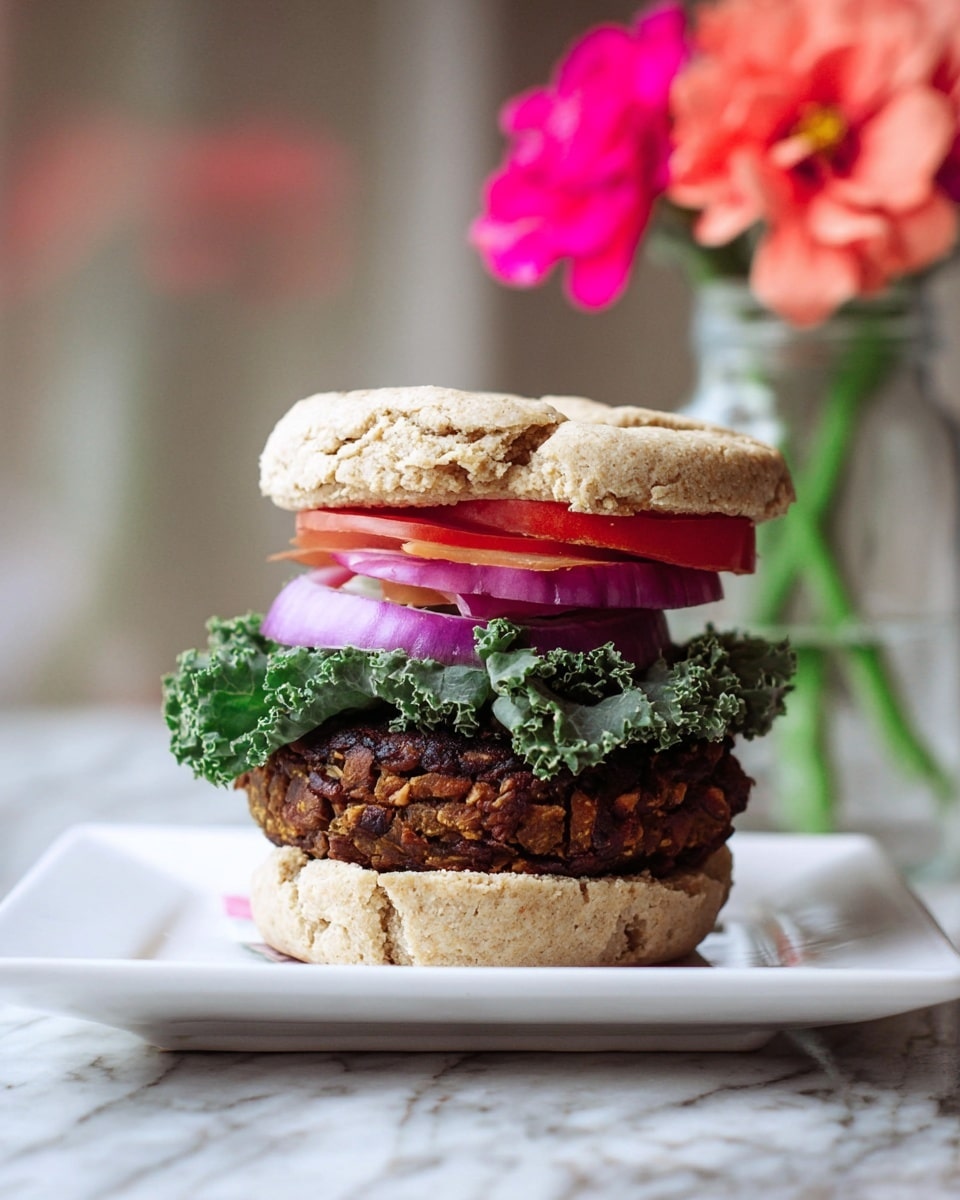 A vegan burger sits in the middle of a white square plate on a white marbled surface. The burger has five layers: the bottom is a thick, light beige bread patty with a rough texture; on top of it is a dark brown, chunky veggie burger patty with visible grains and bits; above this are thin purple onion rings and a slice of bright red tomato; then a thick layer of green curly kale leaves with a ruffled texture; and finally, a thick light beige bread patty similar to the bottom one tops the burger. In the background, a blurred glass jar holds dark pink and coral flowers. Photo taken with an iphone --ar 4:5 --v 7