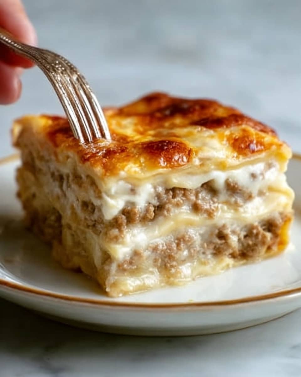 The image shows a square piece of lasagna on a white plate, resting on a white marbled surface. The lasagna has three visible layers: the top layer is golden brown melted cheese with a slightly crispy texture, the middle layer is creamy white sauce, and the bottom thick layer consists of light brown ground meat mixed with pasta sheets. There is a woman's hand holding a fork cutting into the lasagna near the plate. The photo taken with an iphone --ar 4:5 --v 7