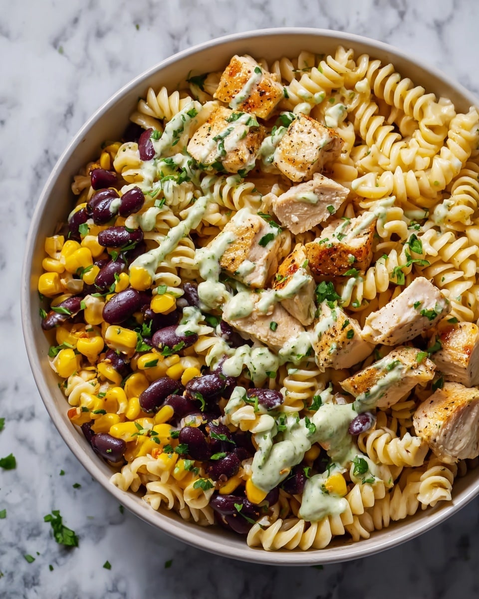 A white bowl holds a pasta salad with three main layers visible, set on a white marbled surface. The bottom layer is pale yellow rotini pasta, twisted spirals filling the bowl. On top of the pasta, there are chunks of golden-brown grilled chicken scattered evenly, mixed with bright yellow corn kernels and dark purple kidney beans, creating a colorful contrast. The top layer is a drizzle of light green creamy dressing dotted with fresh green chopped herbs, adding texture and freshness to the dish. Photo taken with an iphone --ar 4:5 --v 7