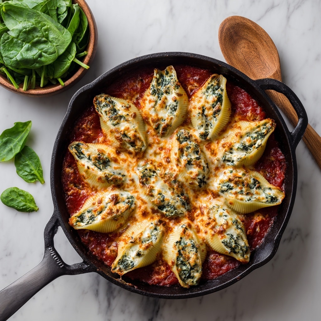 A round white baking dish filled with large pasta shells arranged neatly in two rows, each shell stuffed with white ricotta cheese mixed with green spinach, and topped with a light golden-brown baked cheese crust. The shells sit on a thick layer of rich red tomato sauce that covers the bottom of the dish, edges slightly browned from baking. The pasta shells have a yellow tone with ridged texture, and the cheese stuffing is creamy with small specks of green from the spinach. The dish rests on a white marbled surface. photo taken with an iphone --ar 4:5 --v 7