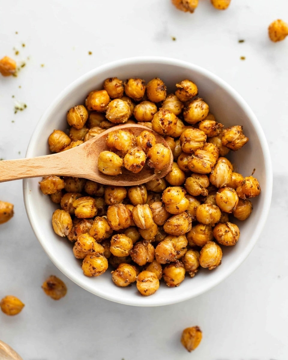 A white bowl filled with a single layer of golden brown roasted chickpeas, each chickpea showing a slightly crispy texture with specks of seasoning on their surface, and a wooden spoon resting on top, holding a small scoop of the chickpeas in the center; the bowl sits on a white marbled surface with a few chickpeas scattered around nearby. photo taken with an iphone --ar 4:5 --v 7