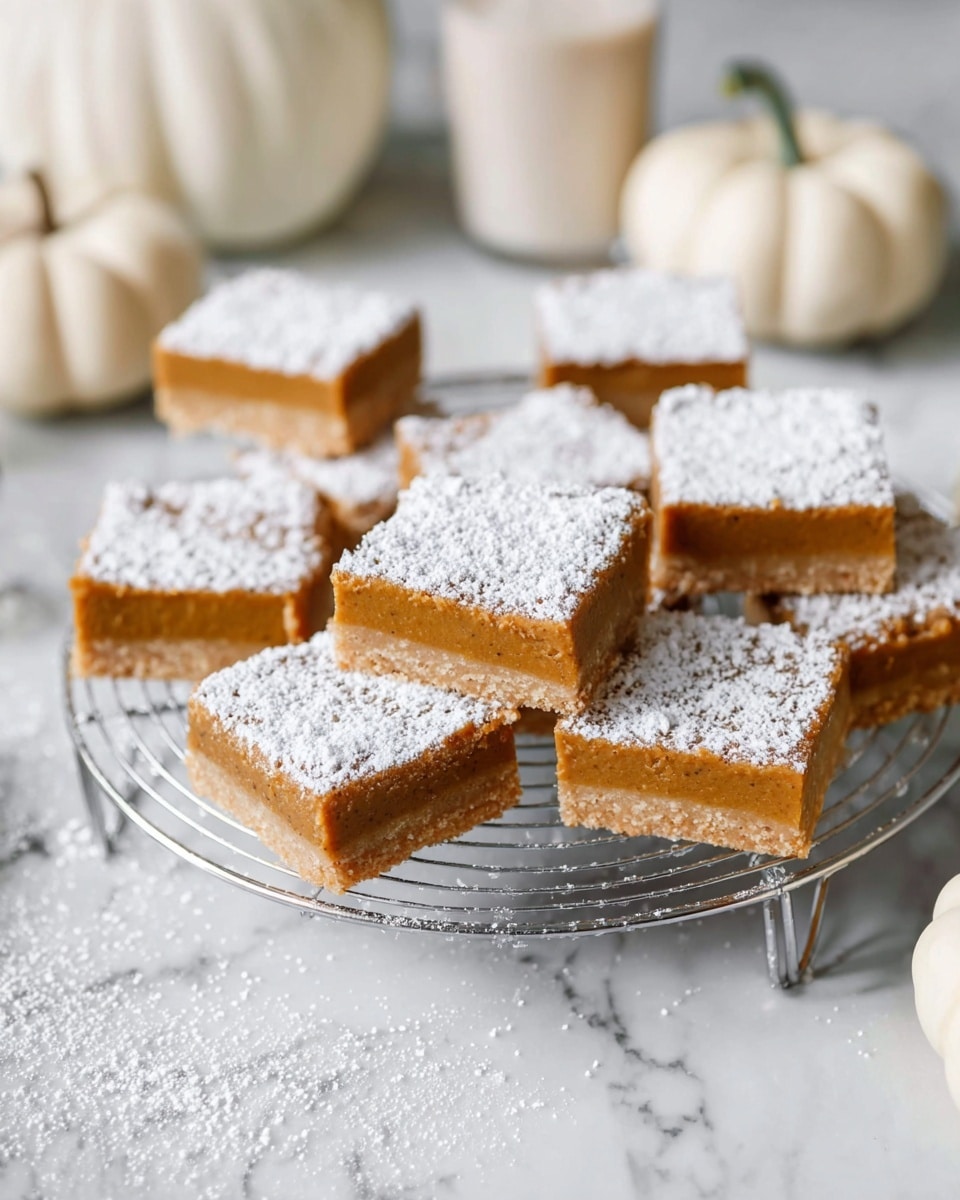 The image shows several square dessert bars arranged on a round wire cooling rack. Each bar has two visible layers: a thick, smooth, orange-brown pumpkin layer on top and a thinner, light beige crust on the bottom. The tops of the bars are dusted thickly with white powdered sugar, creating a snowy appearance. The cooling rack is placed on a white marbled surface, which also has a light dusting of powdered sugar scattered around. In the blurred background are small white pumpkins and a glass of milk, adding a subtle autumn feel to the scene. photo taken with an iphone --ar 4:5 --v 7