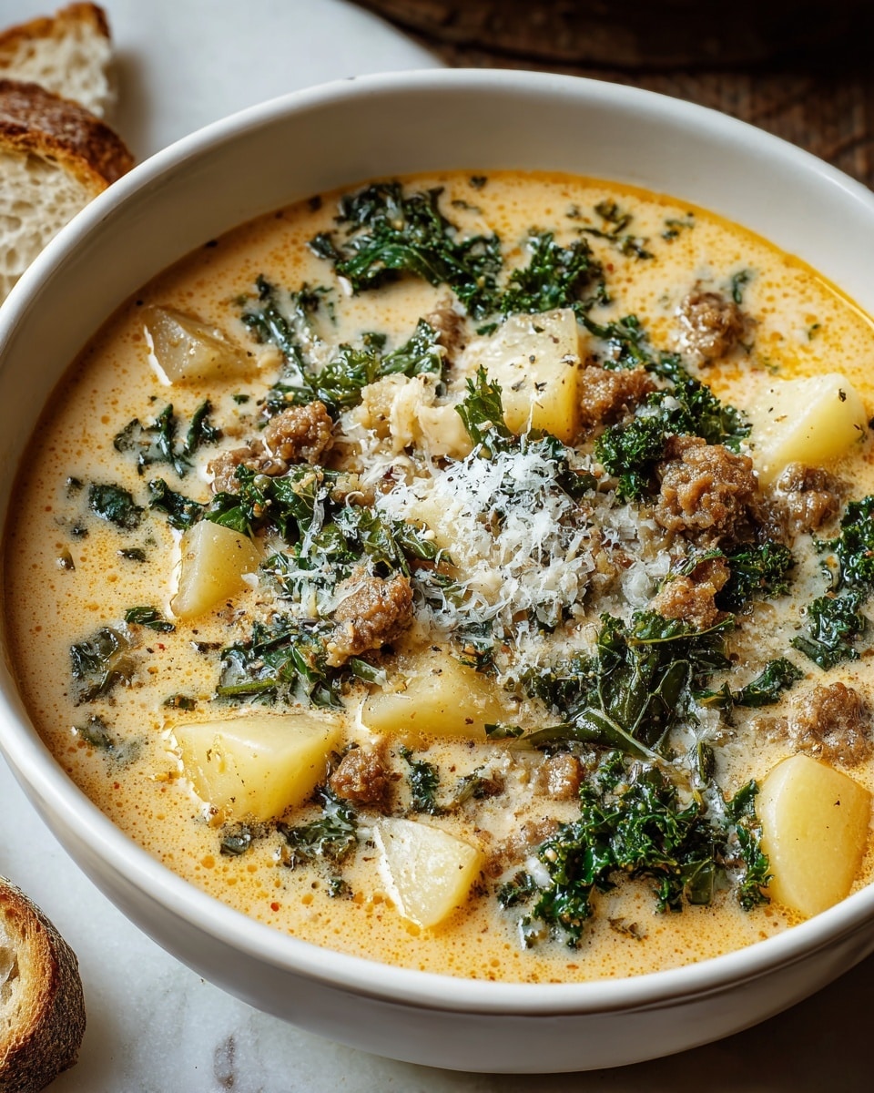 A white bowl filled with creamy soup that has three main layers: large chunks of pale yellow potatoes spread throughout, bright green kale leaves adding texture and color, and crumbled browned sausage pieces mixed in. The soup base is a light cream color with speckles of black pepper and herbs scattered across the surface. On top of the soup, finely grated white cheese is sprinkled in the center, melting slightly into the warm broth. Pieces of torn brown crusty bread lie next to the bowl on the white marbled texture surface. photo taken with an iphone --ar 4:5 --v 7