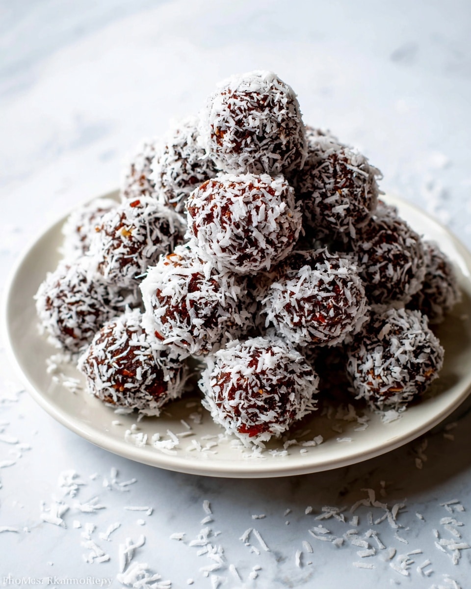 A white plate holds about fifteen round chocolate balls covered in white shredded coconut, stacked in a loose pyramid shape. The chocolate part inside shows a rough texture with small nut pieces visible through the coconut coating. The shredded coconut flakes give a light, uneven layer of white over the dark brown surface of each ball. Some coconut flakes are scattered lightly on the white marbled surface beneath the plate. photo taken with an iphone --ar 4:5 --v 7