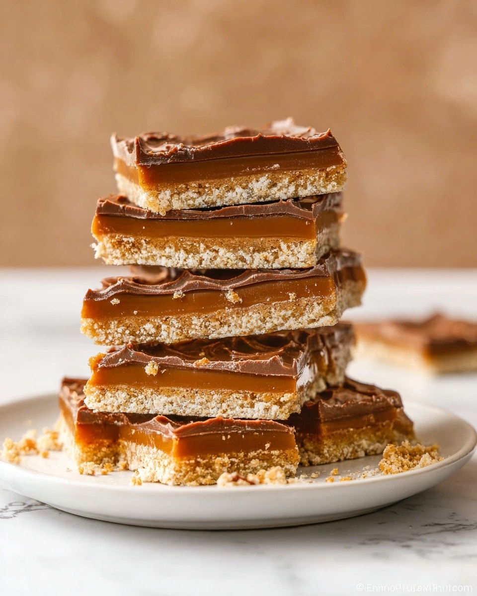 A stack of six rectangular bars stands on a white plate placed on a white marbled surface. Each bar has three distinct layers: a light beige crunchy bottom layer with a crumbly texture, a thick middle caramel layer with a smooth shiny golden-brown color, and a top layer of milk chocolate that is glossy and slightly wavy on the edges. Some crumbs are scattered around the plate, adding to the texture detail. The bars are unevenly stacked, creating a slight lean in the pile. The background is softly blurred with warm neutral tones. photo taken with an iphone --ar 4:5 --v 7