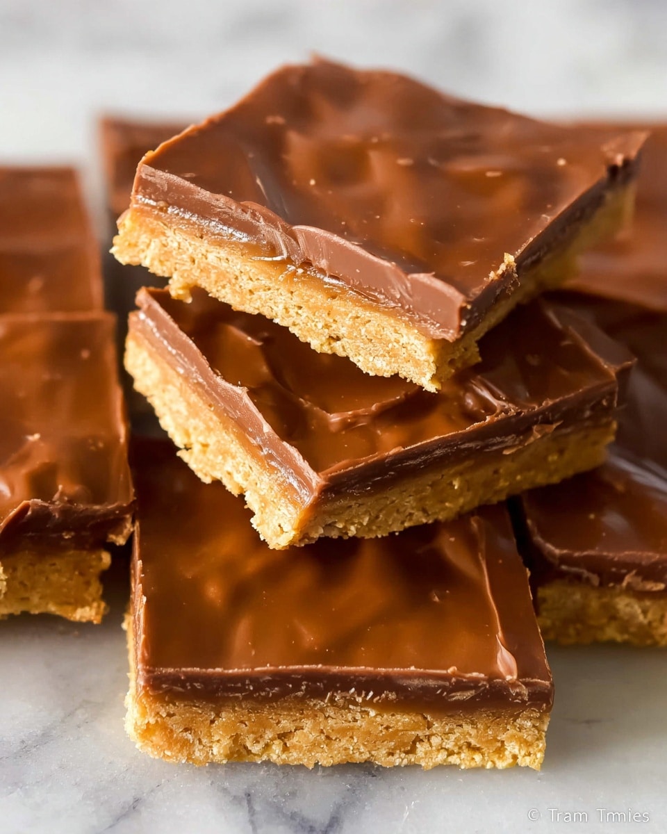 This image shows several square pieces of toffee, stacked on a white marbled surface. Each piece has two visible layers: the bottom layer is a light golden, crunchy biscuit base with a bit of crumbly texture, and the top layer is a smooth, glossy milk chocolate coating with subtle waves and a shiny surface. The toffee pieces are unevenly stacked, with one piece leaning over another, showing the thickness and texture of both layers clearly. Photo taken with an iphone --ar 4:5 --v 7