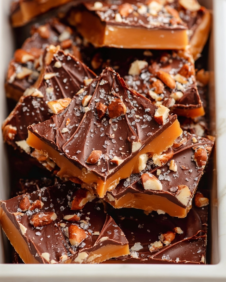 This image shows multiple pieces of chocolate caramel nut bars stacked closely together inside a white rectangular tray. Each piece has two main layers: a thick, smooth caramel layer at the bottom in a light brown color and a darker, glossy chocolate layer on top with swirled textures. The chocolate layer is sprinkled with small, uneven pieces of chopped nuts, giving a crunchy look. The caramel edges peek out slightly under the chocolate, showing thickness and softness. The white marbled texture is visible around the tray edges. photo taken with an iphone --ar 4:5 --v 7